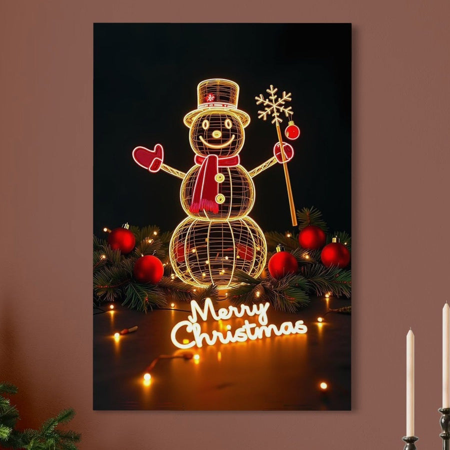 Adăugați veselie de sărbători spațiului dvs. cu LuxCanva® Tablou Canvas Premium D1105, cu un om de zăpadă festiv, lumini strălucitoare, ornamente roșii și "Feerie de Sarbatoare" - perfect pentru decorul de Crăciun din camera de zi sau dormitor.