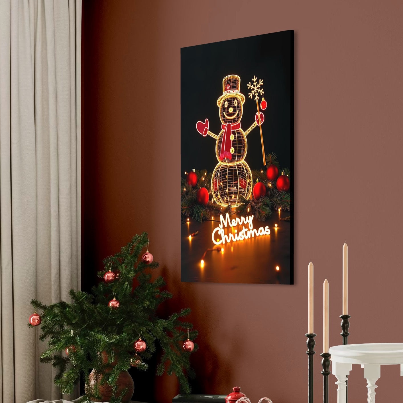 Tablou Canvas Premium, LuxCanva® D1105, Feerie de Sarbatoare, Lumini, Craciun, Om de Zapada, Globuri, Rosii, Beteala, Luminite, Sarbatori, Plimbare, Strada, Parc, Copii, Living, Dormitor