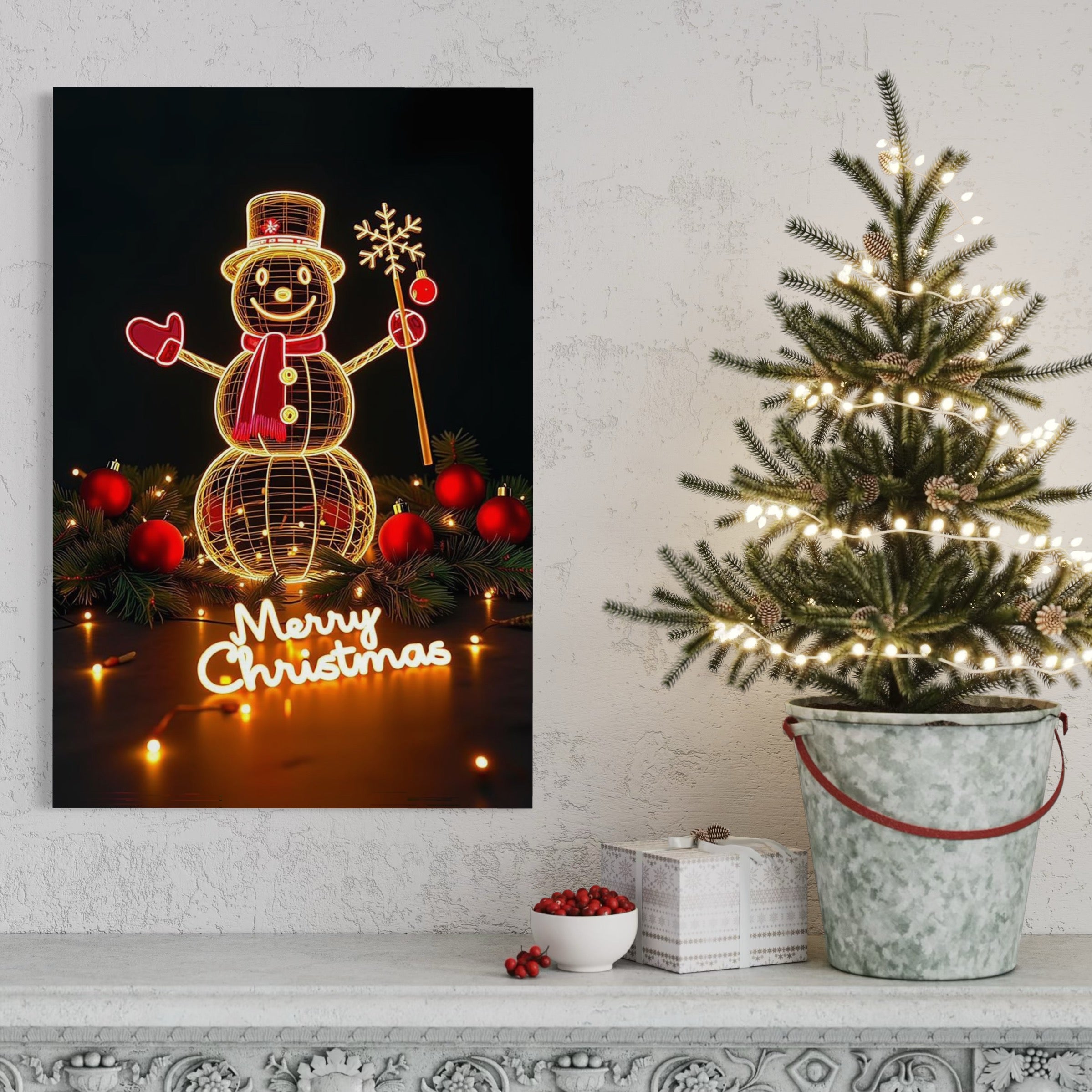 Tablou Canvas Premium, LuxCanva® D1105, Feerie de Sarbatoare, Lumini, Craciun, Om de Zapada, Globuri, Rosii, Beteala, Luminite, Sarbatori, Plimbare, Strada, Parc, Copii, Living, Dormitor