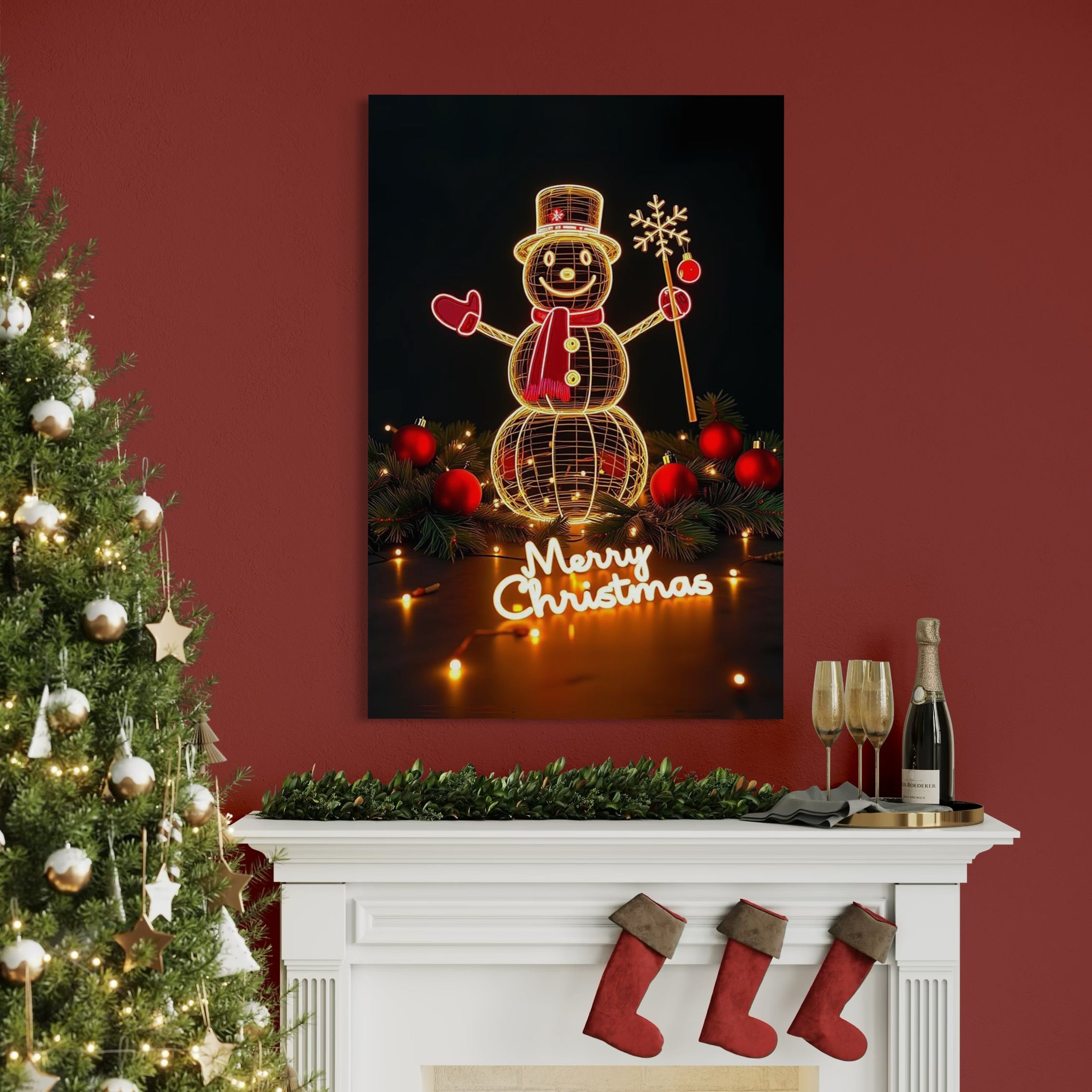 Tablou Canvas Premium, LuxCanva® D1105, Feerie de Sarbatoare, Lumini, Craciun, Om de Zapada, Globuri, Rosii, Beteala, Luminite, Sarbatori, Plimbare, Strada, Parc, Copii, Living, Dormitor