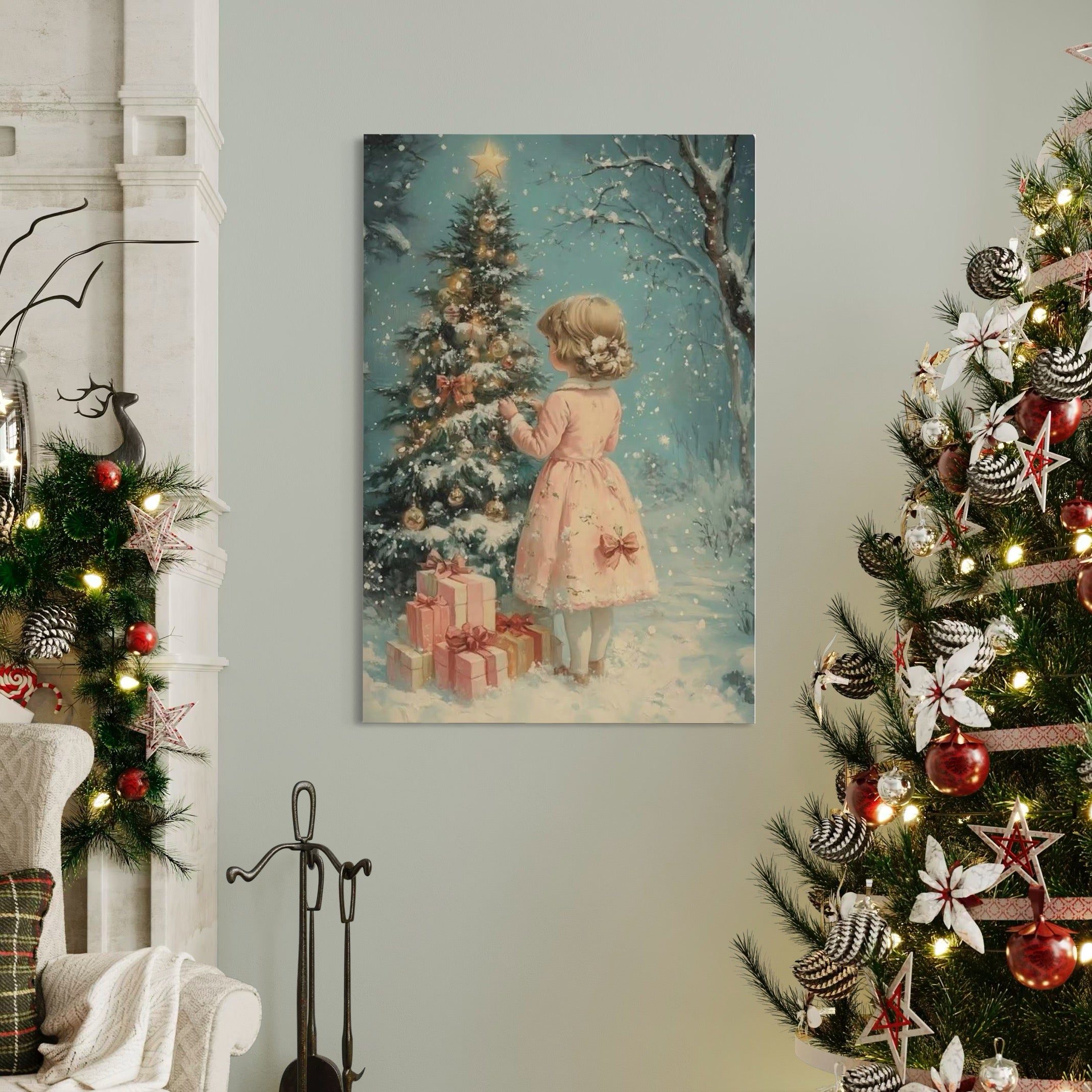 Tablou Canvas Premium, LuxCanva® D1106, Dor de copilarie, Farmec, Inocenta, Fata, Rochita, Eleganta, Astepare, Mos, Craciun, Impodobit, Brad, Magie, Cadouri, Vis, Miracol, Living, Dormitor