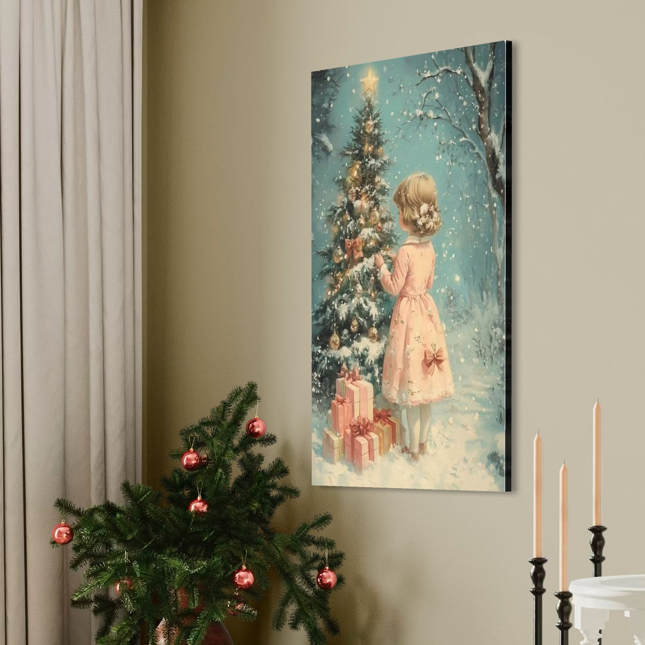 Tablou Canvas Premium, LuxCanva® D1106, Dor de copilarie, Farmec, Inocenta, Fata, Rochita, Eleganta, Astepare, Mos, Craciun, Impodobit, Brad, Magie, Cadouri, Vis, Miracol, Living, Dormitor