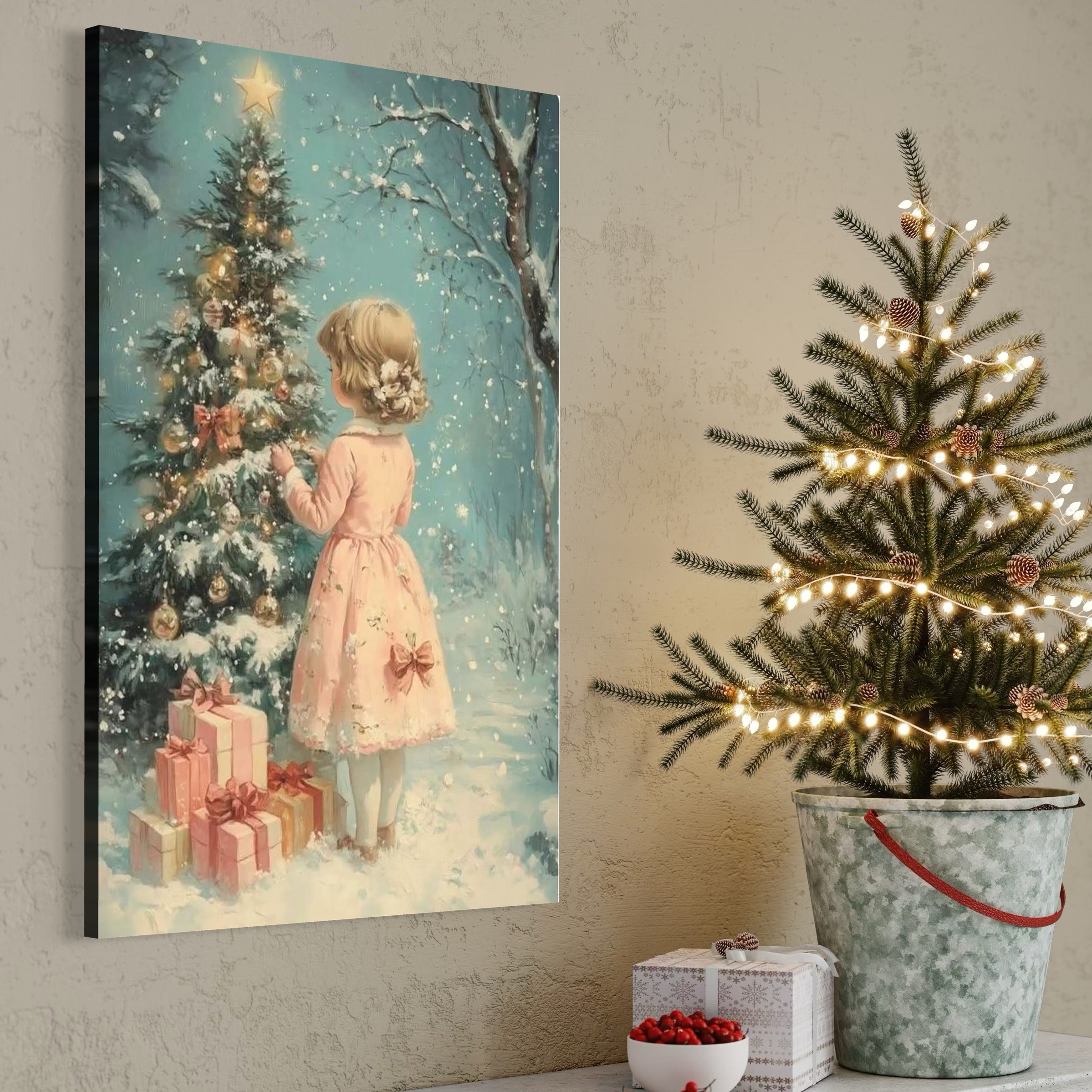 Tablou Canvas Premium, LuxCanva® D1106, Dor de copilarie, Farmec, Inocenta, Fata, Rochita, Eleganta, Astepare, Mos, Craciun, Impodobit, Brad, Magie, Cadouri, Vis, Miracol, Living, Dormitor