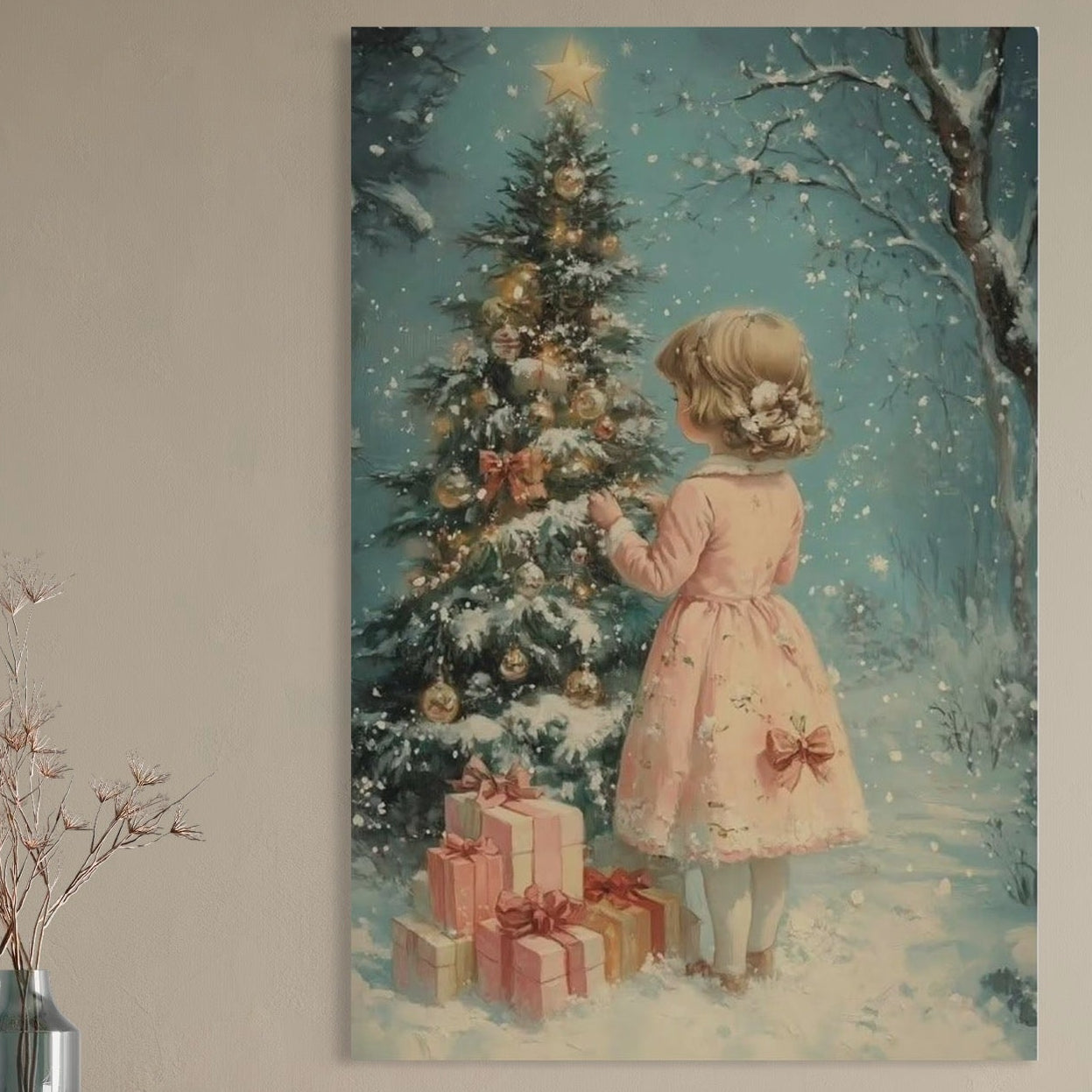 Tablou Canvas Premium, LuxCanva® D1106, Dor de copilarie, Farmec, Inocenta, Fata, Rochita, Eleganta, Astepare, Mos, Craciun, Impodobit, Brad, Magie, Cadouri, Vis, Miracol, Living, Dormitor