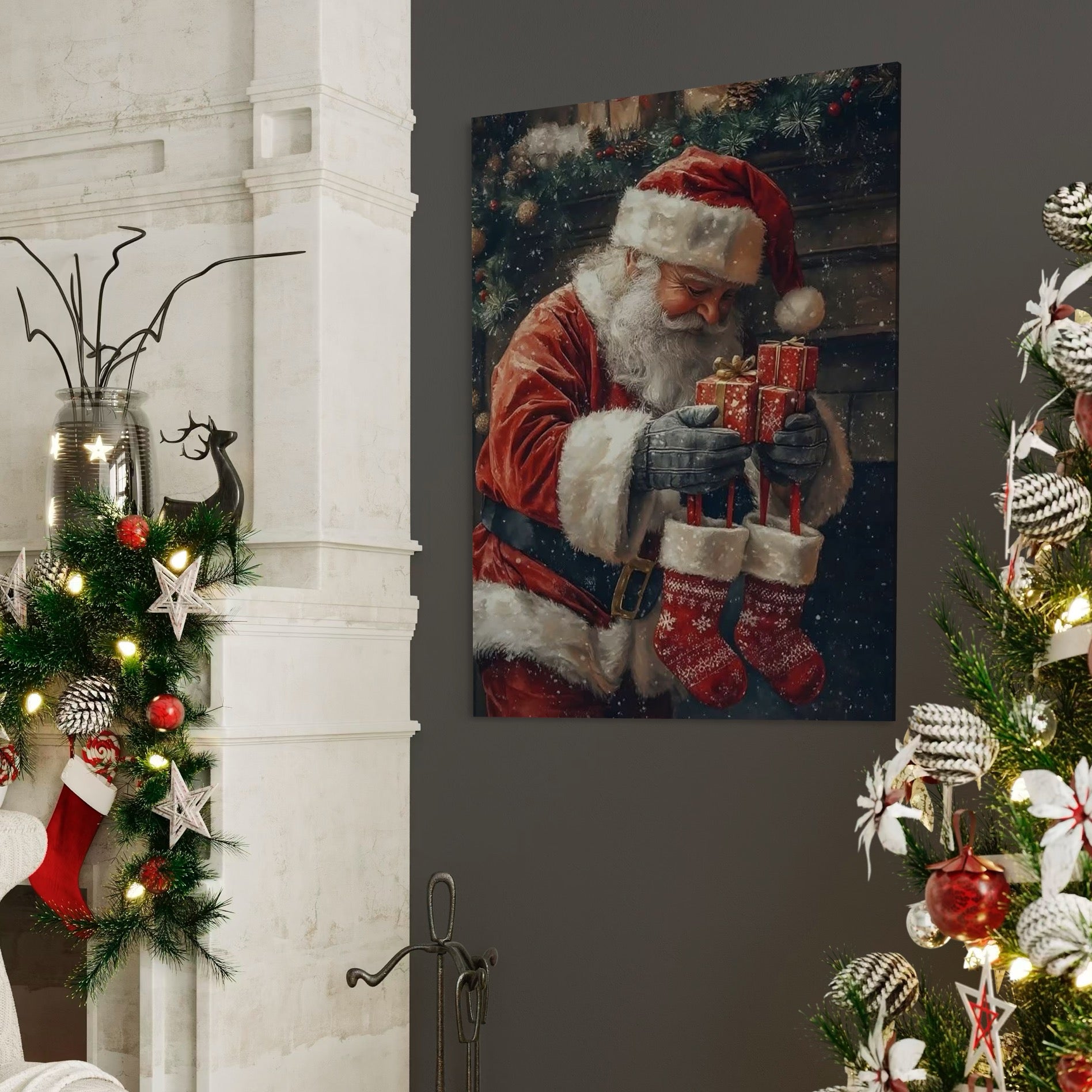 Tablou Canvas Premium, LuxCanva® D1107, Daruri din Inima, Mos, Craciun, Barba, Alba, Daruri, Brad, Noapte, Ajun, Copilarie, Visare, Dorinta, Generozitate, Iubire, Emotie, Living, Dormitor