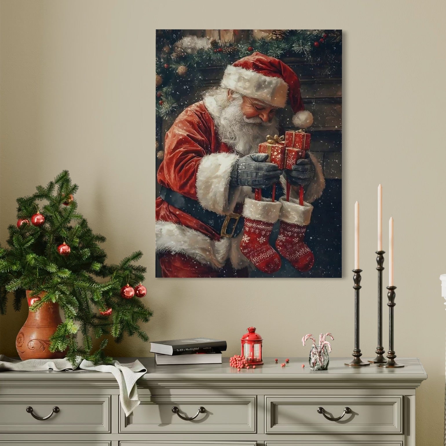 Tablou Canvas Premium, LuxCanva® D1107, Daruri din Inima, Mos, Craciun, Barba, Alba, Daruri, Brad, Noapte, Ajun, Copilarie, Visare, Dorinta, Generozitate, Iubire, Emotie, Living, Dormitor