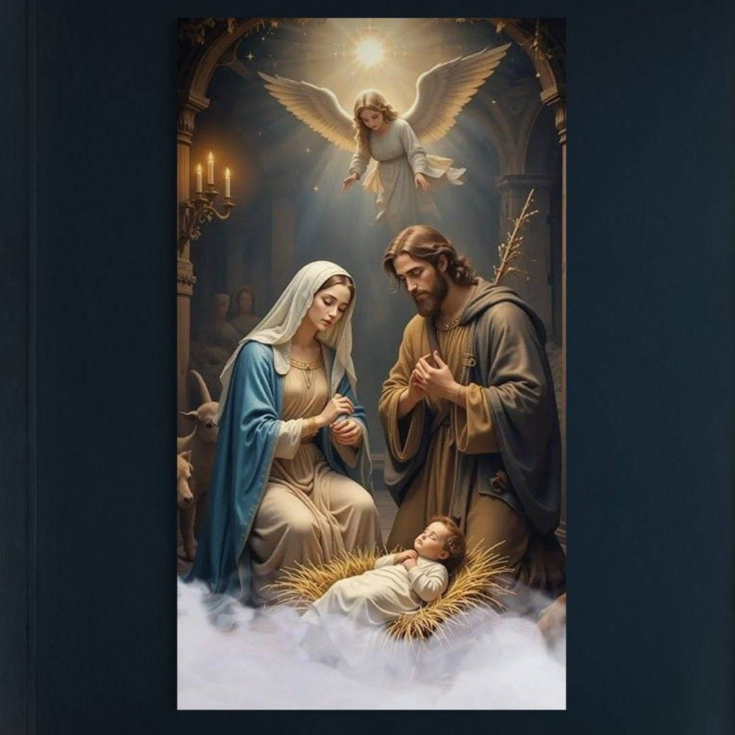 Tablou Canvas Premium, LuxCanva® D1112, Sfanta Familie, Liniste, Nastere, Betleem, Miracol, Craciun, Mantuitor, Isus, Inger, Fecioara, Maria, Iosif, Leagan, Prunc, Credinta, Har, Living, Dormitor
