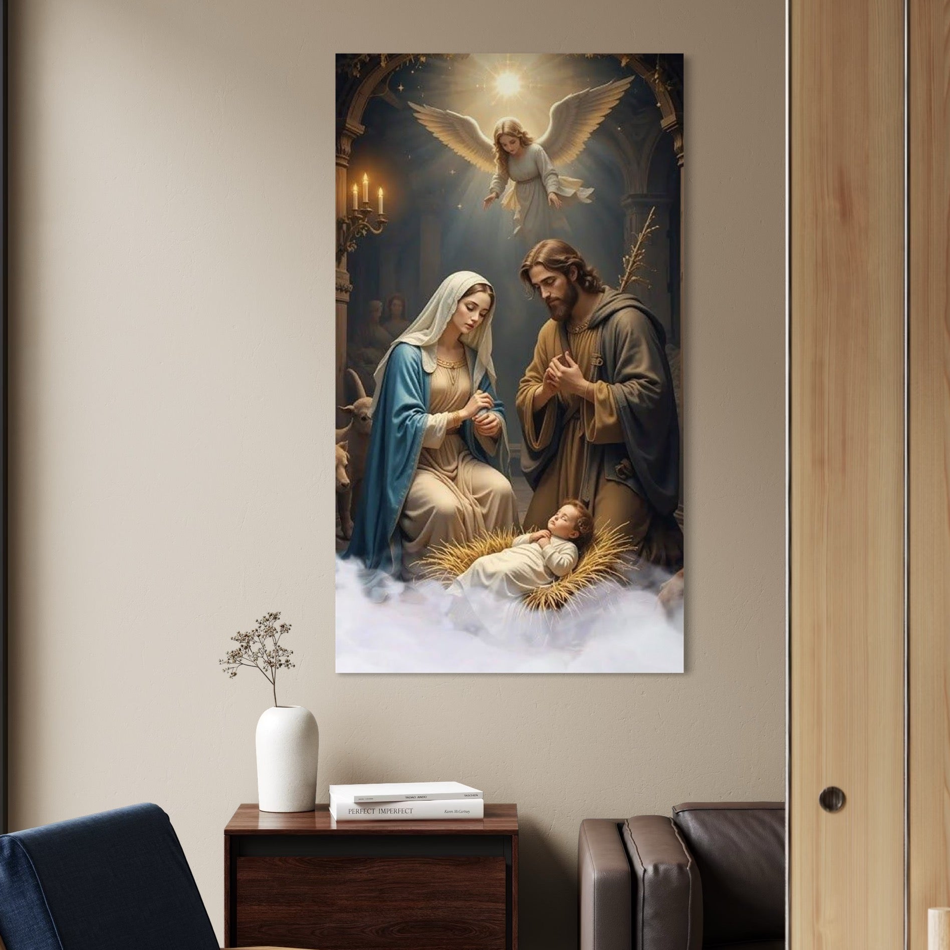 Tablou Canvas Premium, LuxCanva® D1112, Sfanta Familie, Liniste, Nastere, Betleem, Miracol, Craciun, Mantuitor, Isus, Inger, Fecioara, Maria, Iosif, Leagan, Prunc, Credinta, Har, Living, Dormitor