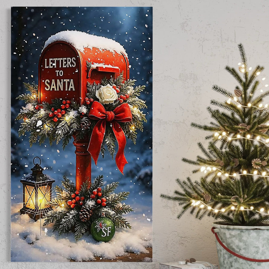Tablou Canvas Premium LuxCanva® D1114, "Scrisorile Copilariei", prezintă o cutie poștală roșie pentru scrisori către Moș Crăciun, înconjurată de ramuri de brad și decoruri festive, ideală pentru living sau dormitor.