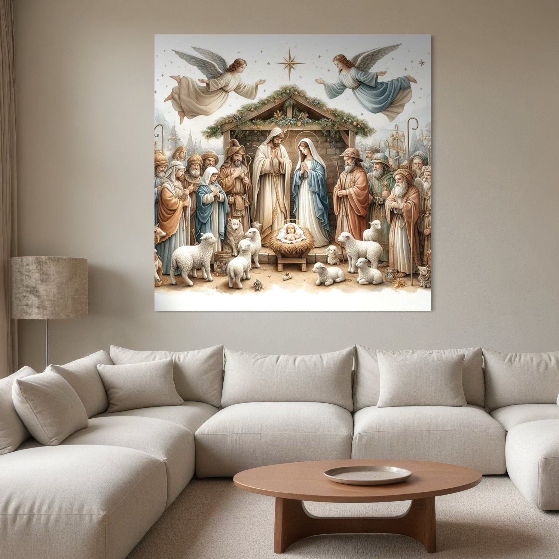 Tablou Canvas Premium, LuxCanva® D1116, Pacea Ieslei Sfinte, Scena, Biblica, Isus, Ingeri, Pastori, Iesle, Oi, Stea, Lumina, Mantuire, Glorie, Spiritualitate, Craciun, Credinta, Living, Dormitor