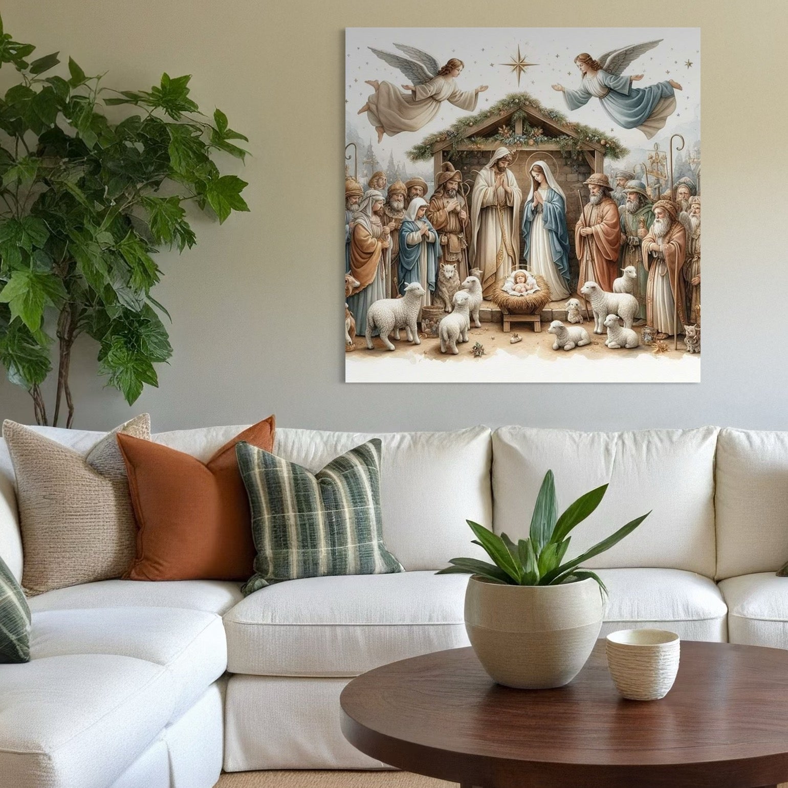 Tablou Canvas Premium, LuxCanva® D1116, Pacea Ieslei Sfinte, Scena, Biblica, Isus, Ingeri, Pastori, Iesle, Oi, Stea, Lumina, Mantuire, Glorie, Spiritualitate, Craciun, Credinta, Living, Dormitor