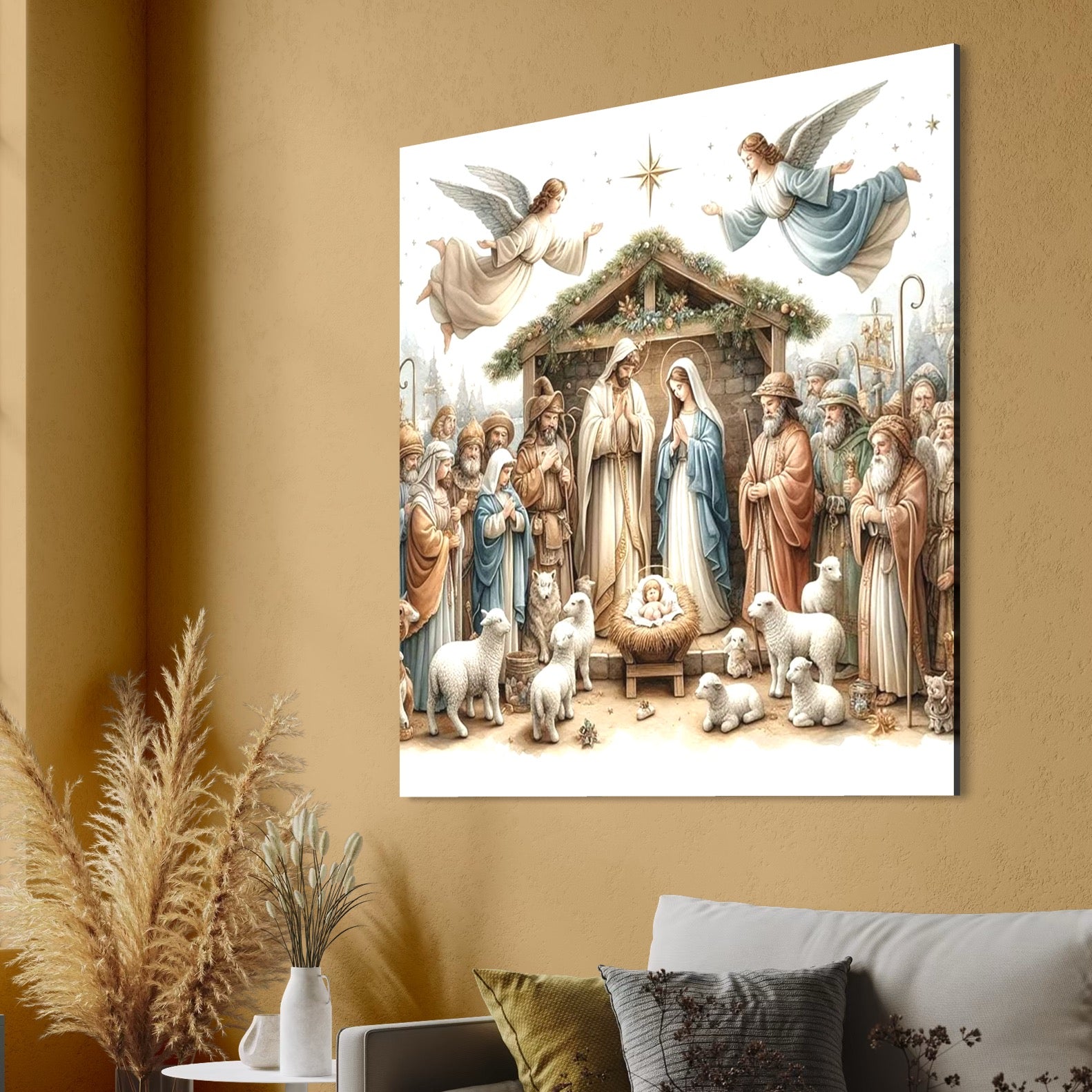 Tablou Canvas Premium, LuxCanva® D1116, Pacea Ieslei Sfinte, Scena, Biblica, Isus, Ingeri, Pastori, Iesle, Oi, Stea, Lumina, Mantuire, Glorie, Spiritualitate, Craciun, Credinta, Living, Dormitor
