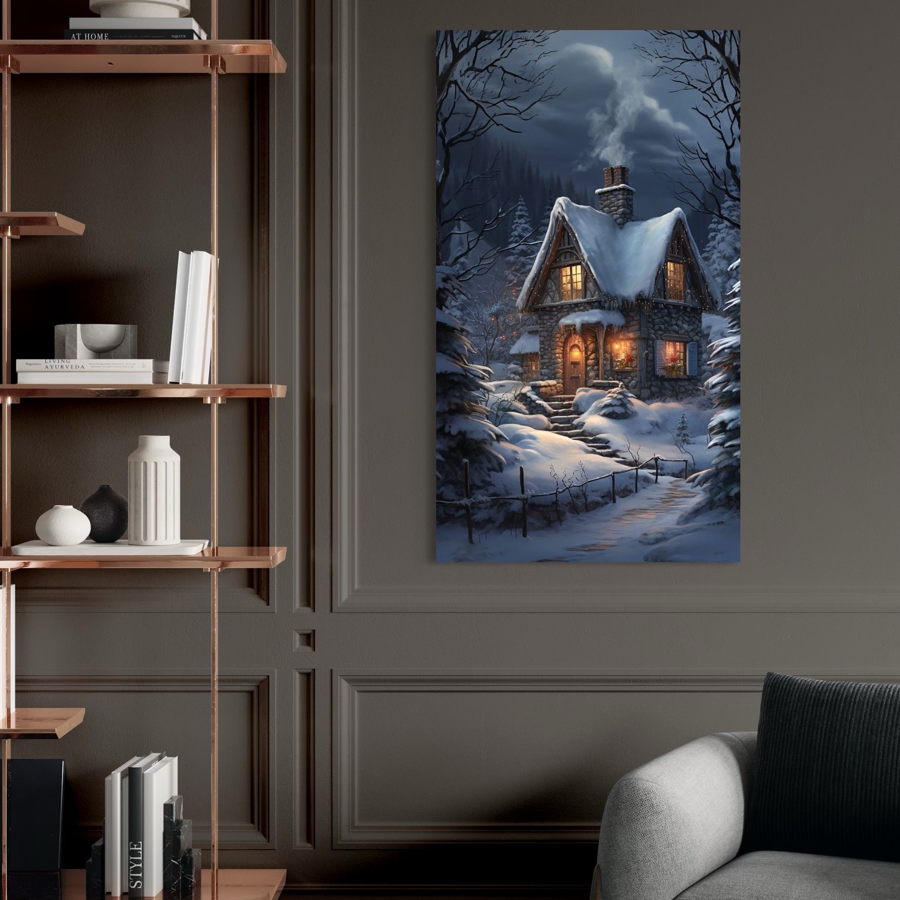 Tablou Canvas Premium, LuxCanva® D1117, Casa de Sub Zapada, Lumina, Noapte, Iarna, Cabana, Munte, Zapada, Horn, Fum, Ger, Brazi, Atmosfera, Basm, Caldura, Living, Dormitor