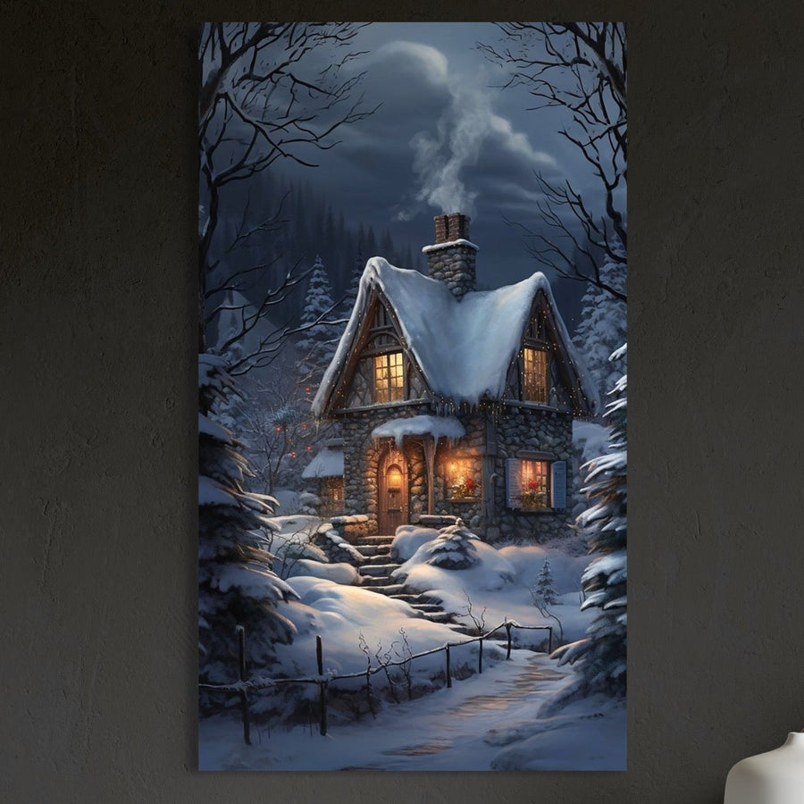 O căsuță confortabilă din piatră cu ferestre strălucitoare și fum de la coș se cuibărește într-o pădure înzăpezită pe timp de noapte - frumos descrisă pe Tablou Canvas Premium LuxCanva® D1117 "Casa de Sub Zapada", perfectă pentru camera de zi sau dormitor.