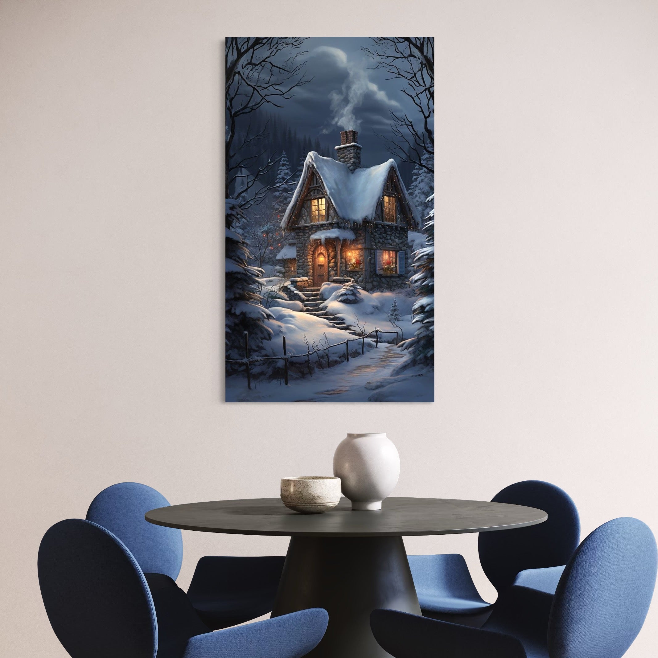 Tablou Canvas Premium, LuxCanva® D1117, Casa de Sub Zapada, Lumina, Noapte, Iarna, Cabana, Munte, Zapada, Horn, Fum, Ger, Brazi, Atmosfera, Basm, Caldura, Living, Dormitor