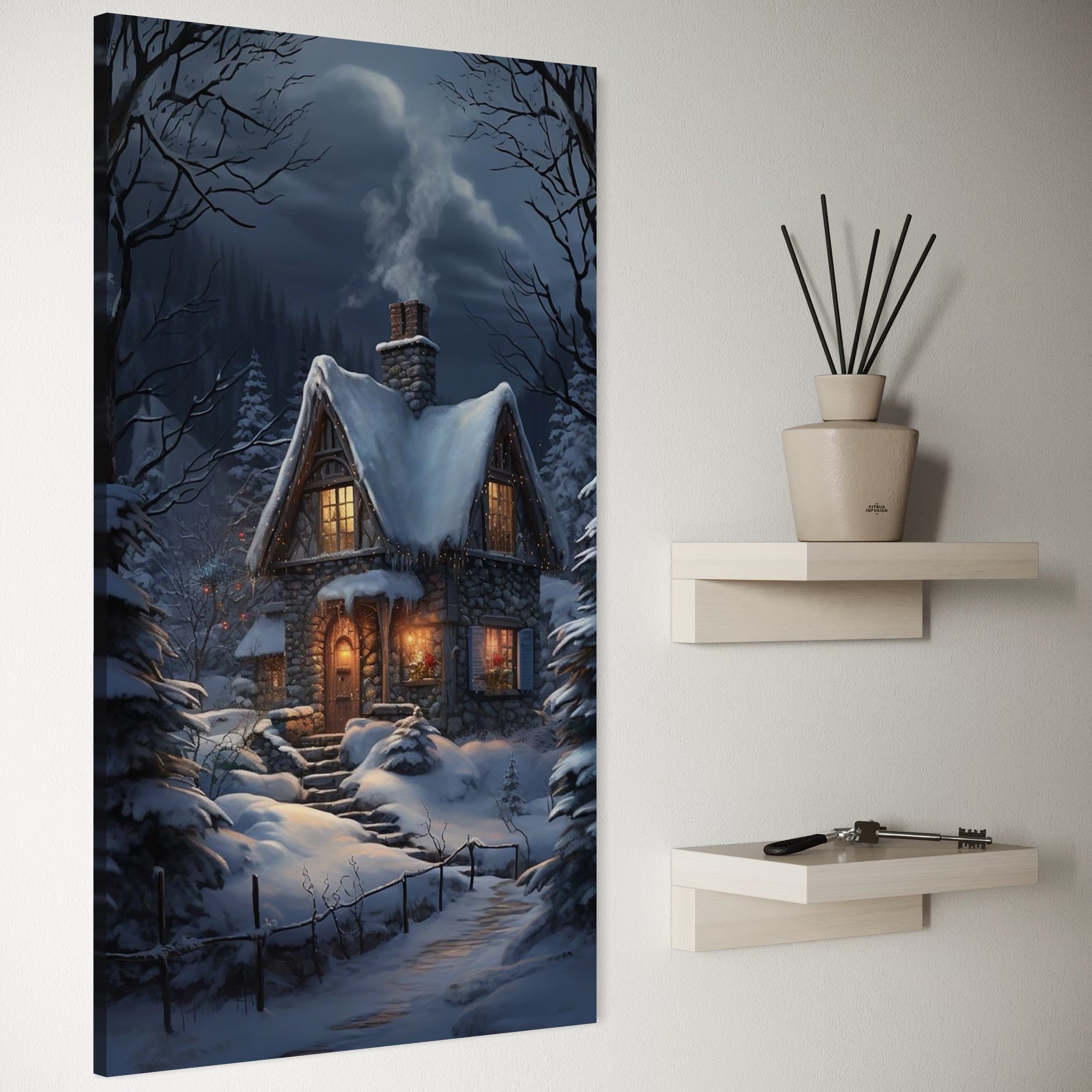 Tablou Canvas Premium, LuxCanva® D1117, Casa de Sub Zapada, Lumina, Noapte, Iarna, Cabana, Munte, Zapada, Horn, Fum, Ger, Brazi, Atmosfera, Basm, Caldura, Living, Dormitor