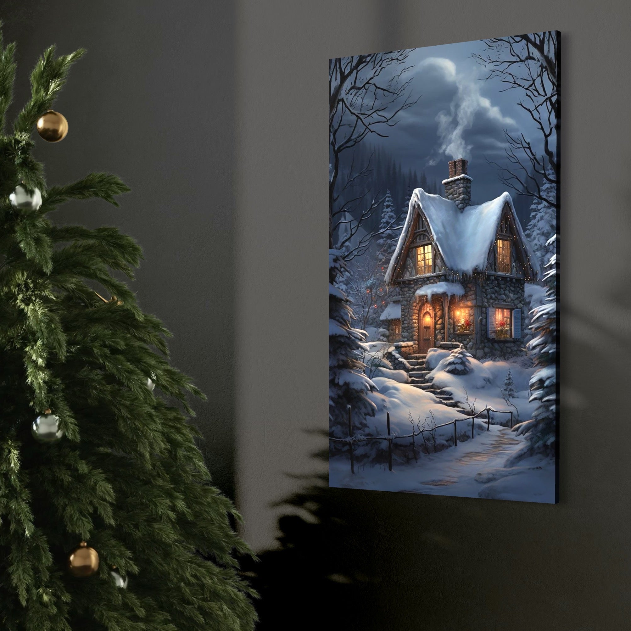 Tablou Canvas Premium, LuxCanva® D1117, Casa de Sub Zapada, Lumina, Noapte, Iarna, Cabana, Munte, Zapada, Horn, Fum, Ger, Brazi, Atmosfera, Basm, Caldura, Living, Dormitor