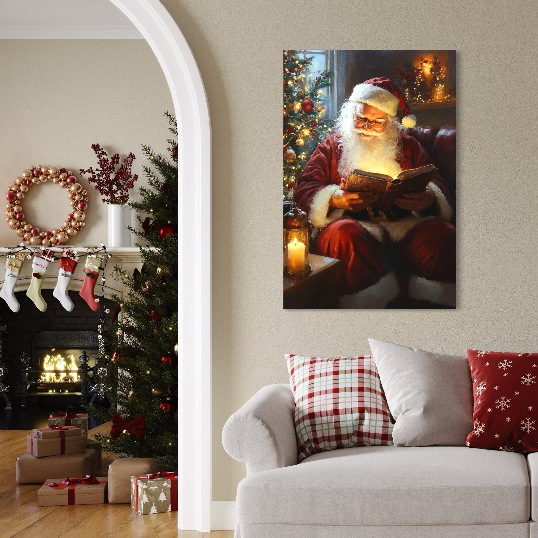 Tablou Canvas Premium, LuxCanva® D1118, Mosul si Cartea Fermecata, Carte, Povesti, Basme, Lumanare, Brad, Fotoliu, Citit, Ochelari, Mos Craciun, Felinar, Noapte, Ajun, Living, Dormitor