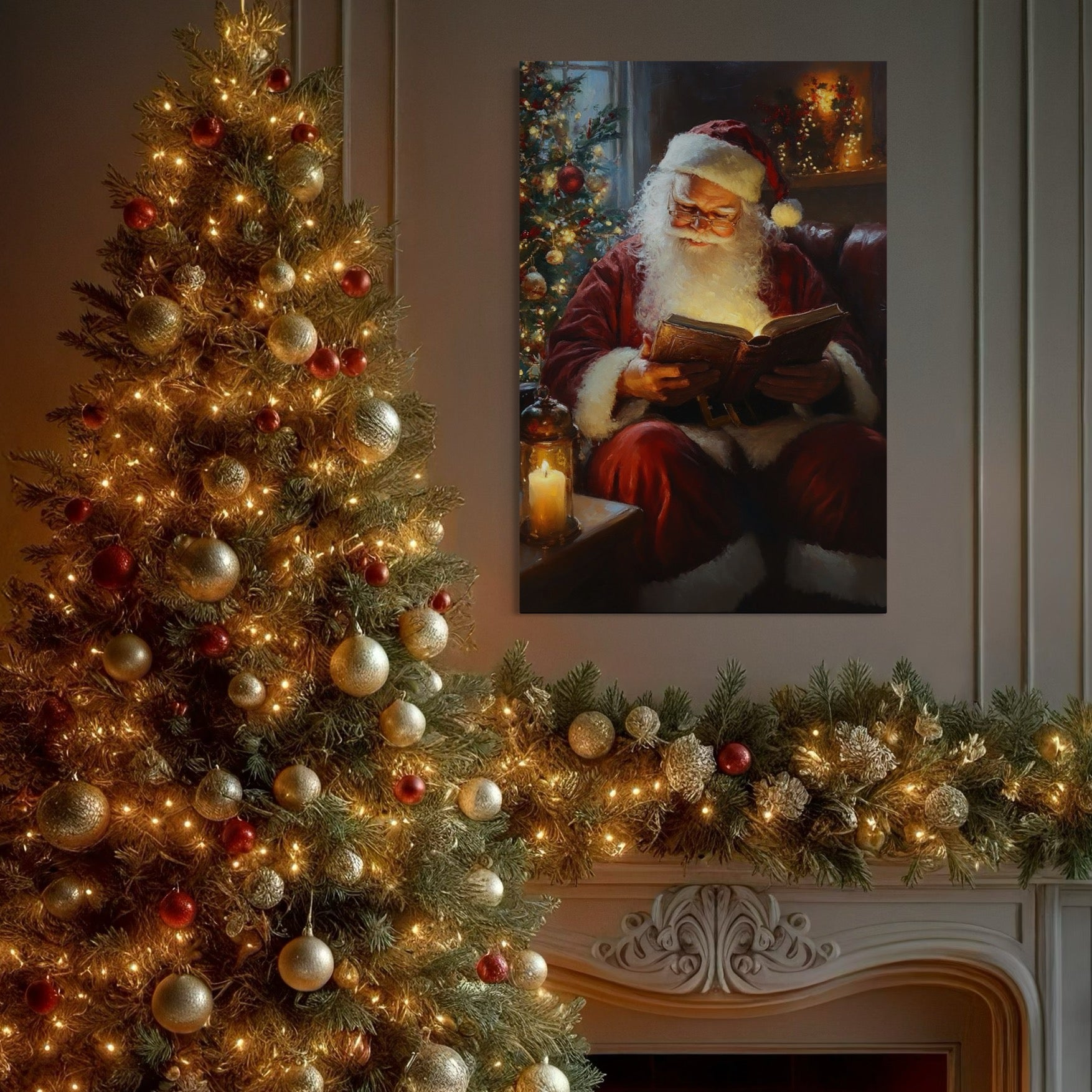Tablou Canvas Premium, LuxCanva® D1118, Mosul si Cartea Fermecata, Carte, Povesti, Basme, Lumanare, Brad, Fotoliu, Citit, Ochelari, Mos Craciun, Felinar, Noapte, Ajun, Living, Dormitor