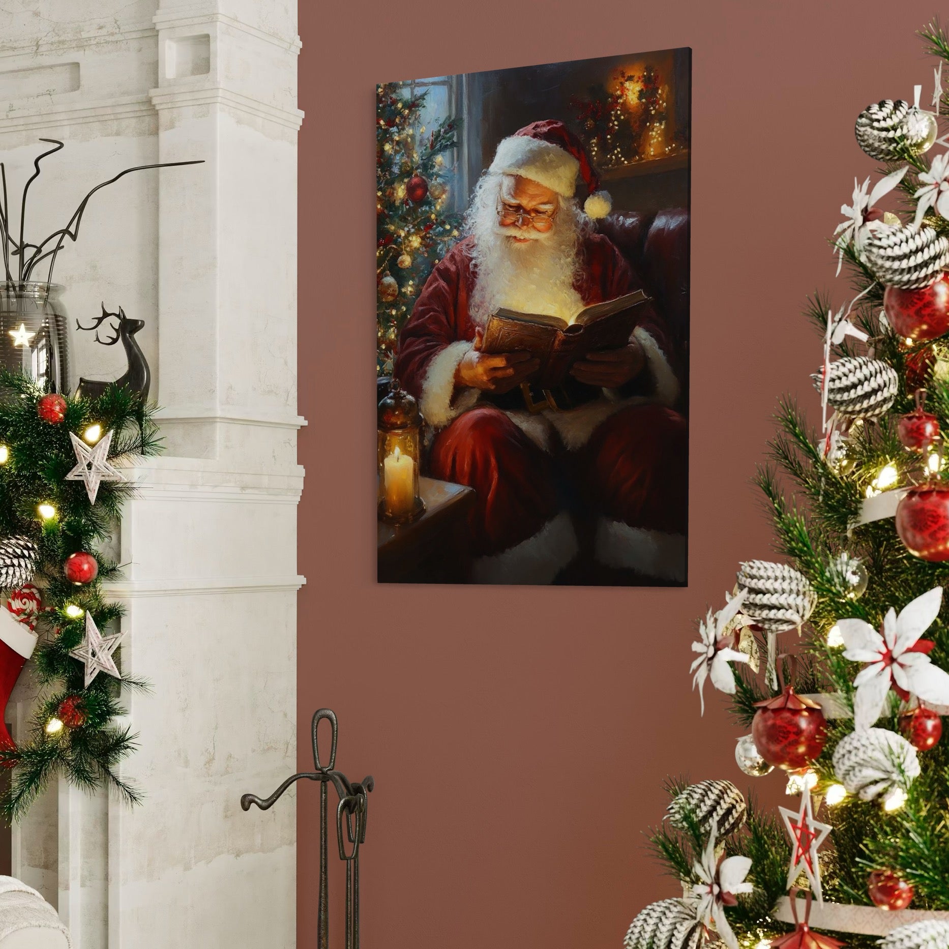 Tablou Canvas Premium, LuxCanva® D1118, Mosul si Cartea Fermecata, Carte, Povesti, Basme, Lumanare, Brad, Fotoliu, Citit, Ochelari, Mos Craciun, Felinar, Noapte, Ajun, Living, Dormitor