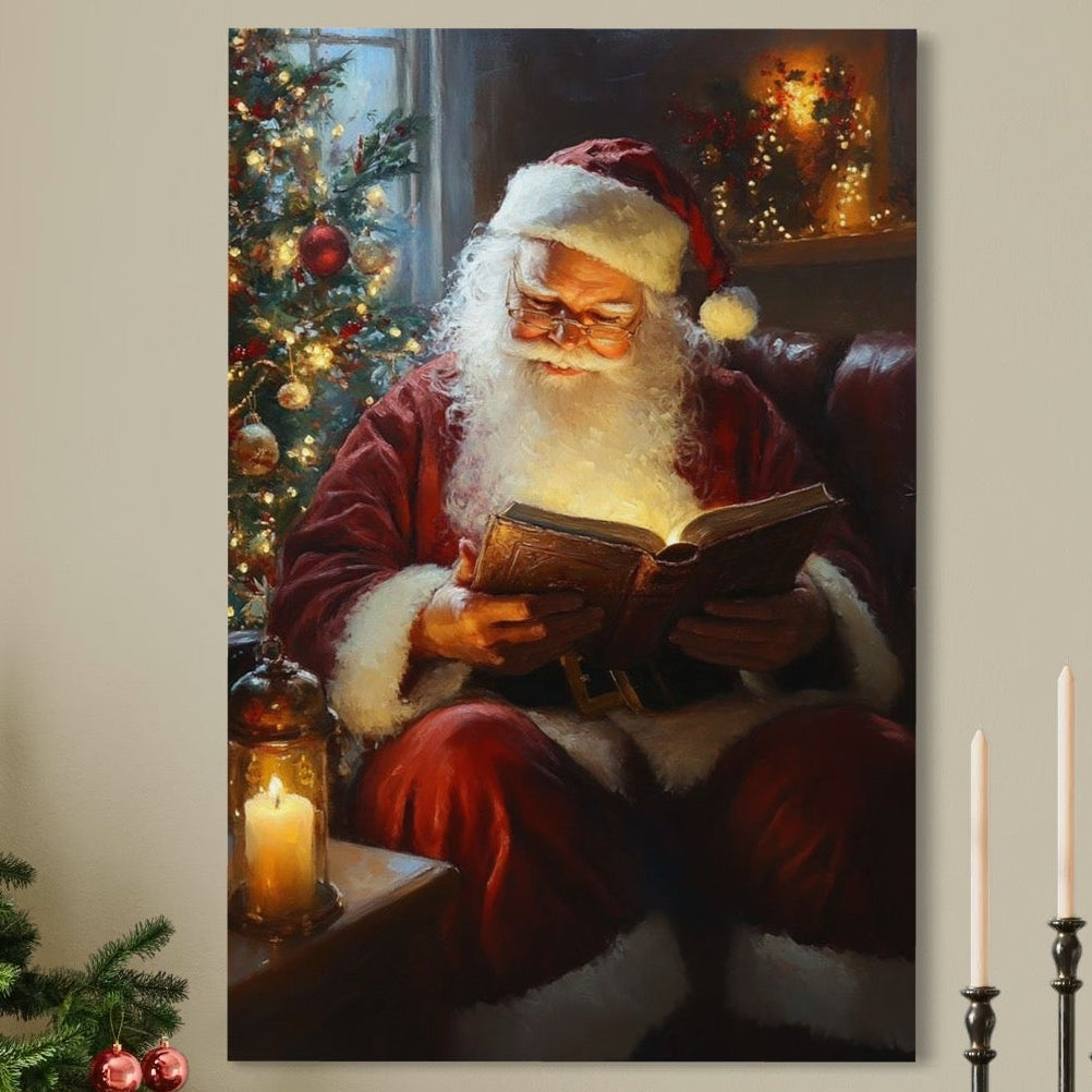 Tablou Canvas Premium, LuxCanva® D1118, Mosul si Cartea Fermecata, Carte, Povesti, Basme, Lumanare, Brad, Fotoliu, Citit, Ochelari, Mos Craciun, Felinar, Noapte, Ajun, Living, Dormitor