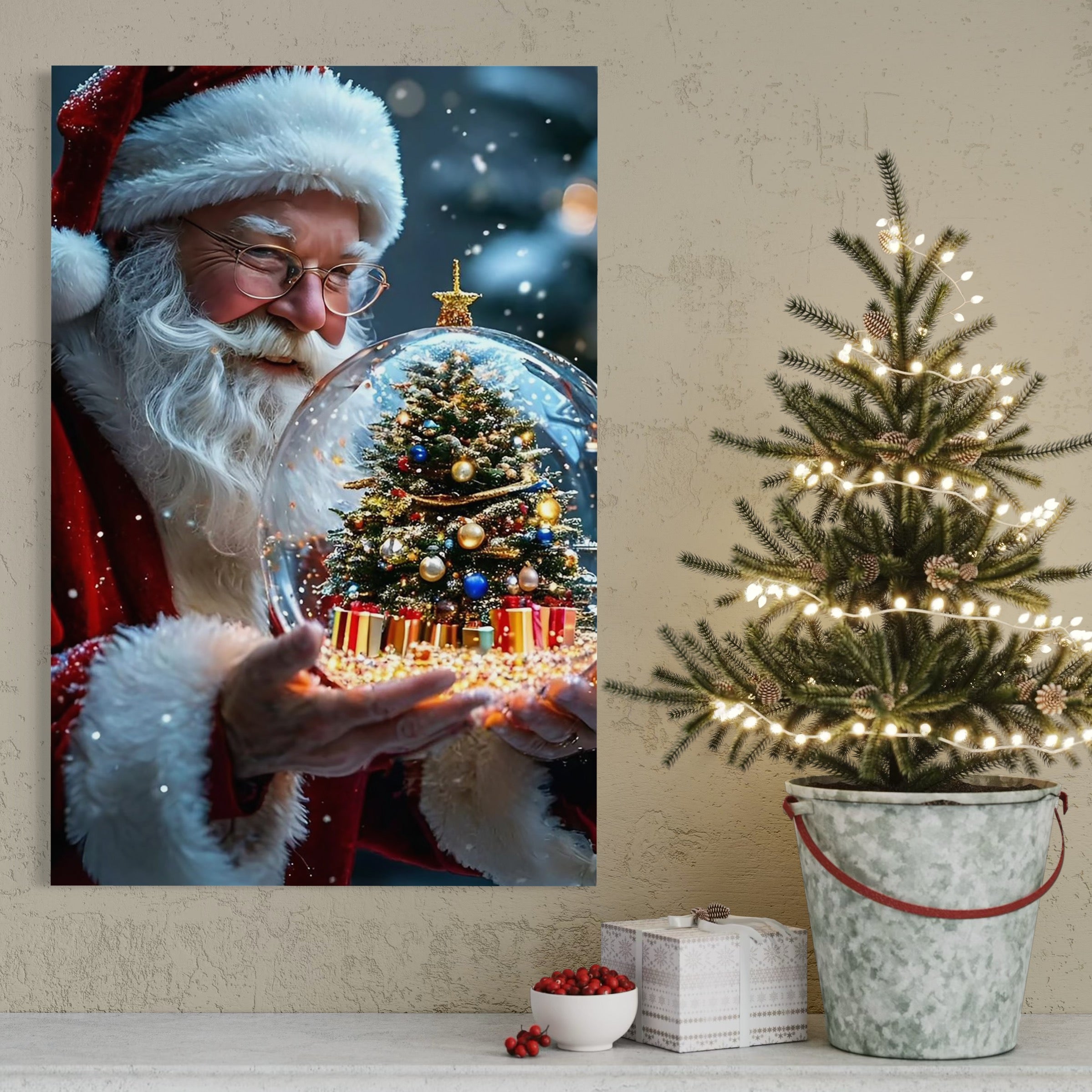 Tablou Canvas Premium, LuxCanva® D1119, Miracolul din Palma, Visare, Generozitate, Glob, Cristal, Taina, Dar, Magic, Sfera, Palme, Maini, Prezent, Mos Craciun, Living, Dormitor