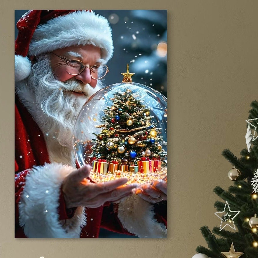 Un Moș Crăciun vesel ține un glob de cristal plin de magie și cadouri de sărbători în tabloul LuxCanva® Tablou Canvas Premium, D1119 "Miracolul din Palma" - o notă festivă perfectă pentru camera de zi sau dormitor.