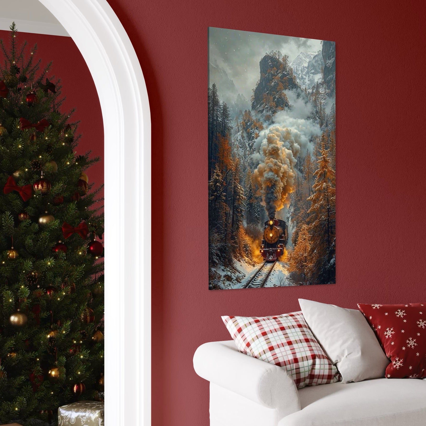 Tablou Canvas Premium, LuxCanva® D1120, Trenul Timpului, Drum, Aburi, Munti, Calatorie, Craciun, Fum, Gara, Tren, Polar, Express, Aventura, Nostalgie, Natura, Vacanta, Living, Dormitor