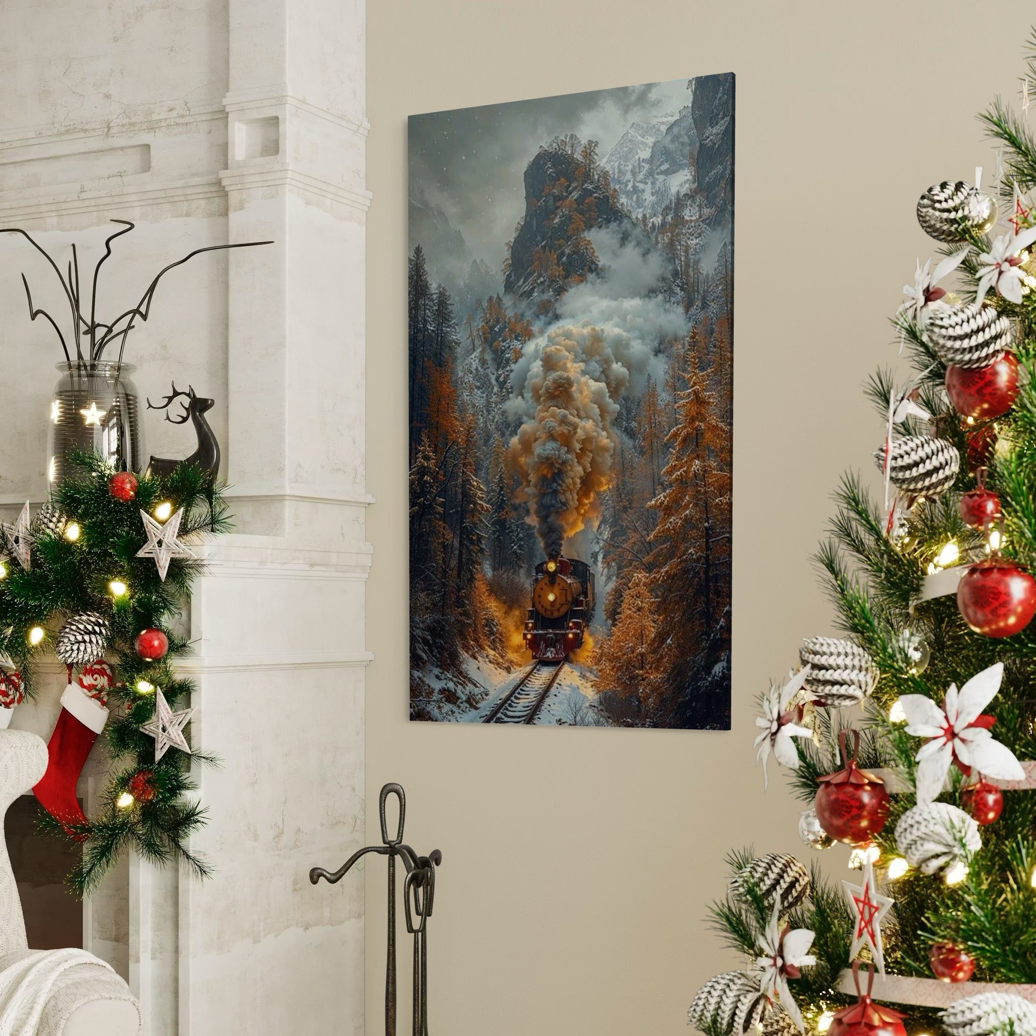 Tablou Canvas Premium, LuxCanva® D1120, Trenul Timpului, Drum, Aburi, Munti, Calatorie, Craciun, Fum, Gara, Tren, Polar, Express, Aventura, Nostalgie, Natura, Vacanta, Living, Dormitor