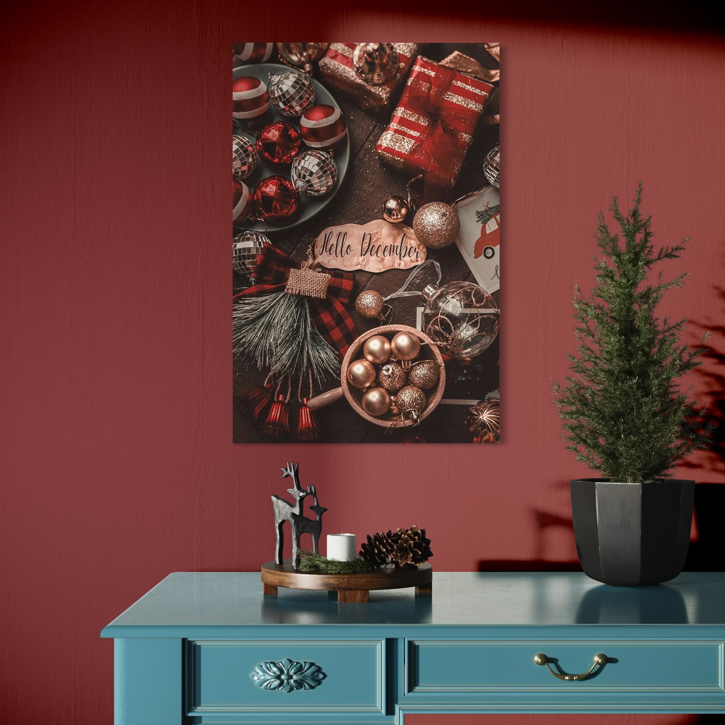 Tablou Canvas Premium, LuxCanva® D1121, Pregatiri Pentru Sarbatori, Decembrie, Magie, Luna, Anotimp, Iarna, Globuri, Cadouri, Panglici, Rosu, Auriu, Spirit, Festiv, Living, Dormitor