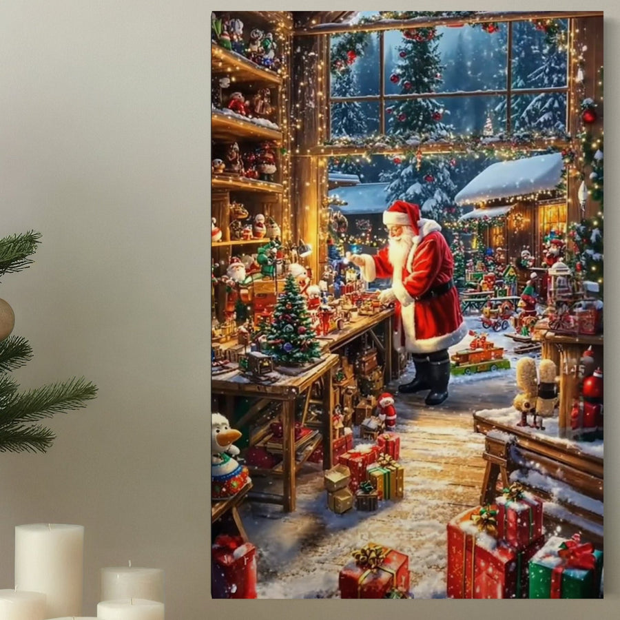 O scenă magică de iarnă, "Tablou Canvas Premium, LuxCanva® D1122 Miracolul din Laponia", îl surprinde pe Moș Crăciun în atelierul său cu spiriduși și cadouri - o completare festivă de la LuxCanva® pentru sufrageria sau dormitorul dvs. în acest Crăciun.