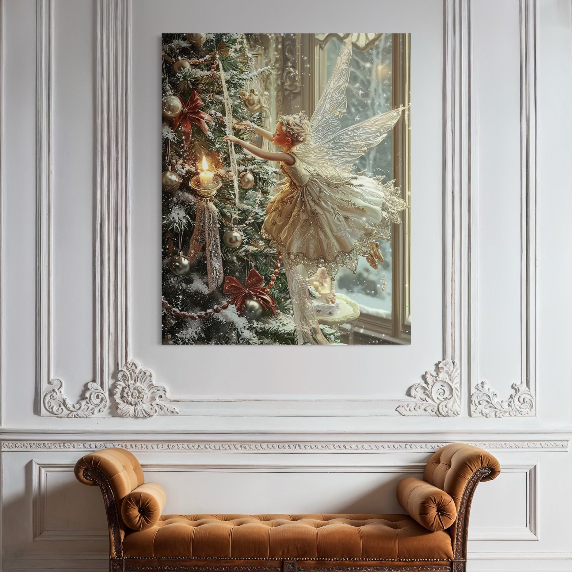 Tablou Canvas Premium, LuxCanva® D1124, Zana Craciunului, Aripi, Fereastra, Brad, Pulbere, Stele, Magie, Dans, Basm, Stralucire, Inger, Feerie, Miracol, Craciun, Living, Dormitor