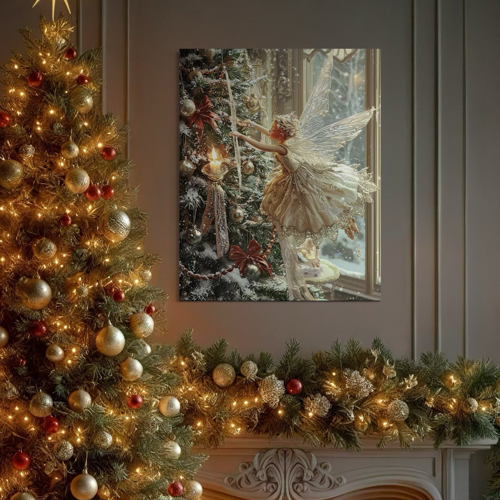 Tablou Canvas Premium, LuxCanva® D1124, Zana Craciunului, Aripi, Fereastra, Brad, Pulbere, Stele, Magie, Dans, Basm, Stralucire, Inger, Feerie, Miracol, Craciun, Living, Dormitor