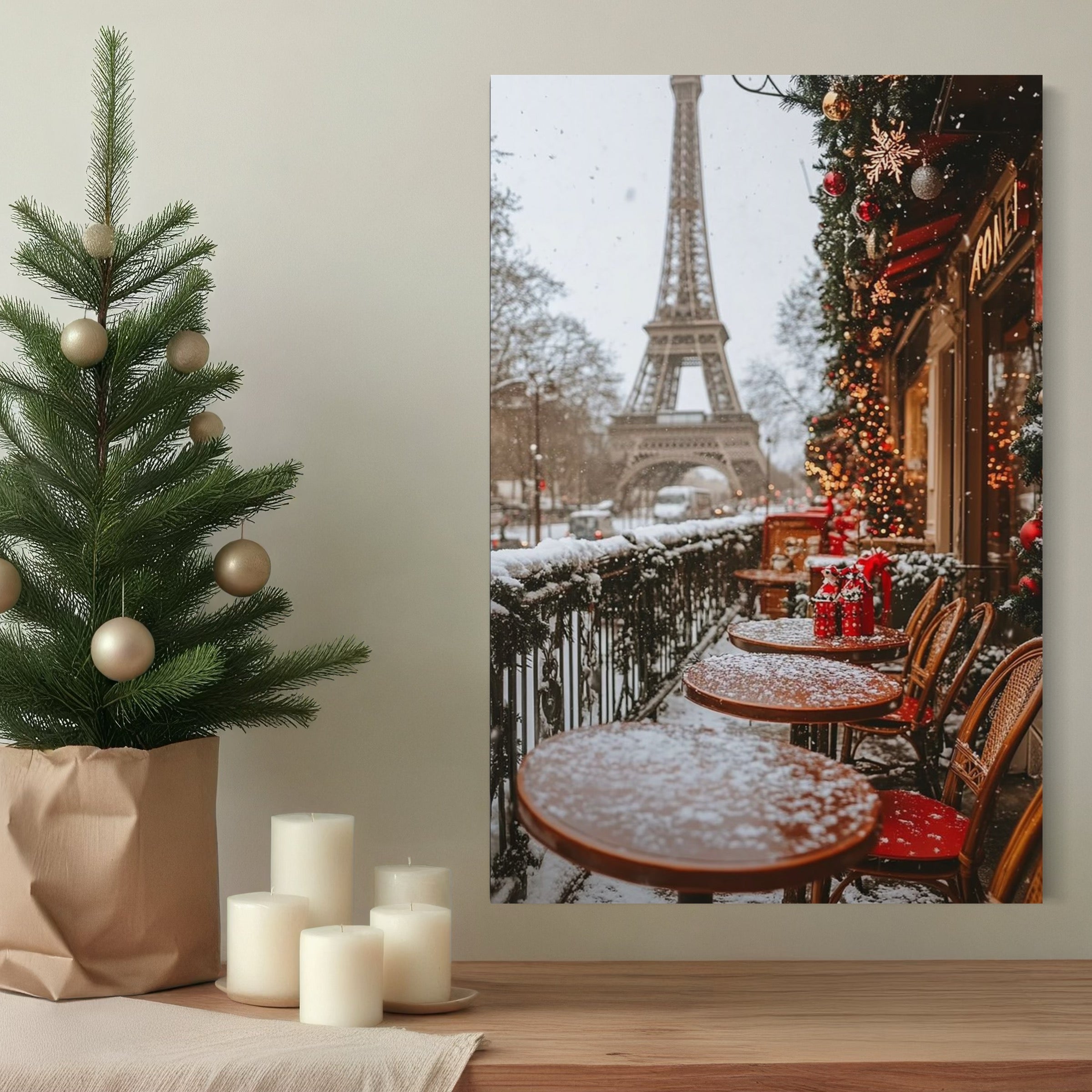 Tablou Canvas Premium, LuxCanva® D1125, Iarna pe Malurile Senei, Zapada, Paris, Romantic, Iarna, Vacanta, Cafenea, Chic, Turn, Eiffel, Ninsoare, Magie, Feerie, Vis, Living, Dormitor