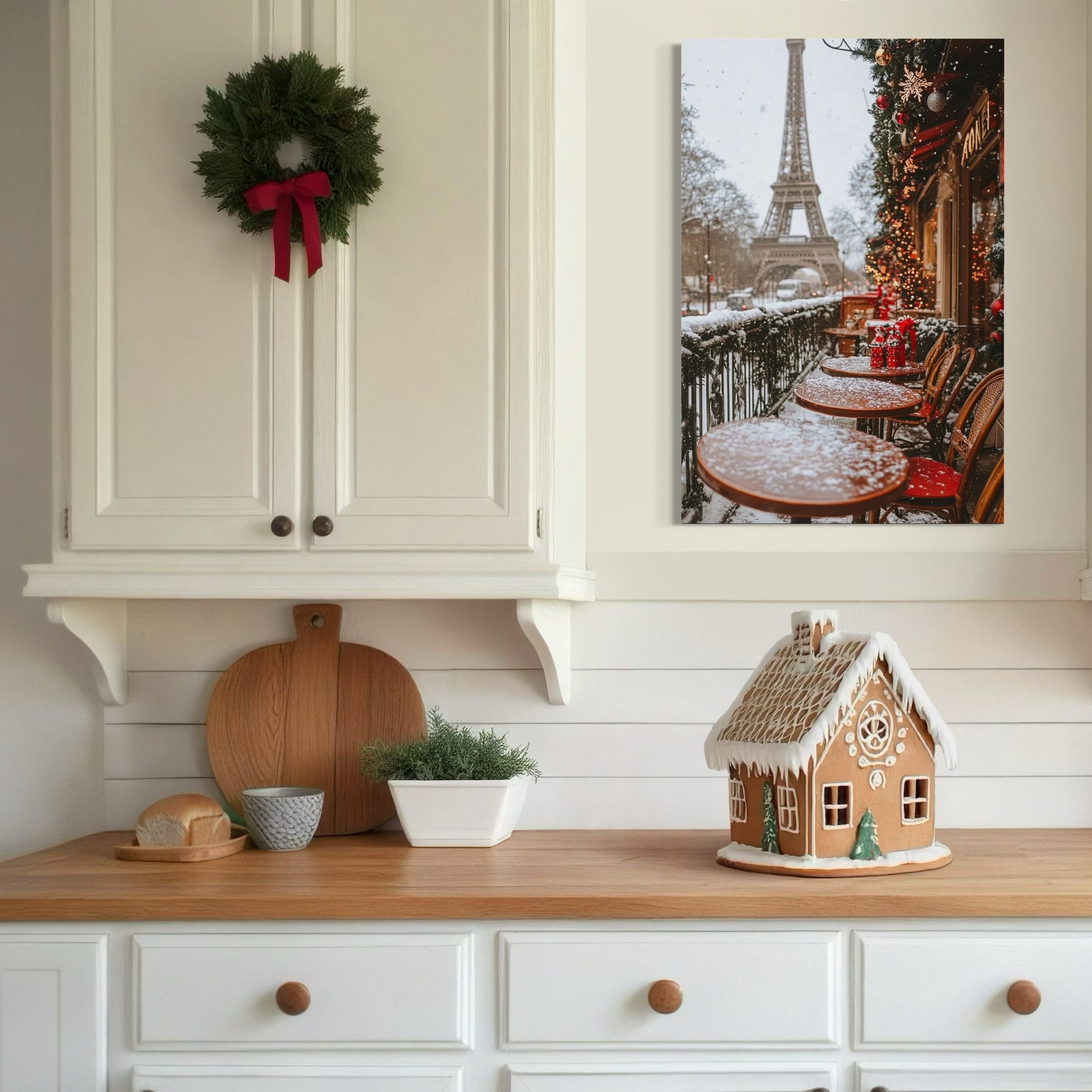 Tablou Canvas Premium, LuxCanva® D1125, Iarna pe Malurile Senei, Zapada, Paris, Romantic, Iarna, Vacanta, Cafenea, Chic, Turn, Eiffel, Ninsoare, Magie, Feerie, Vis, Living, Dormitor