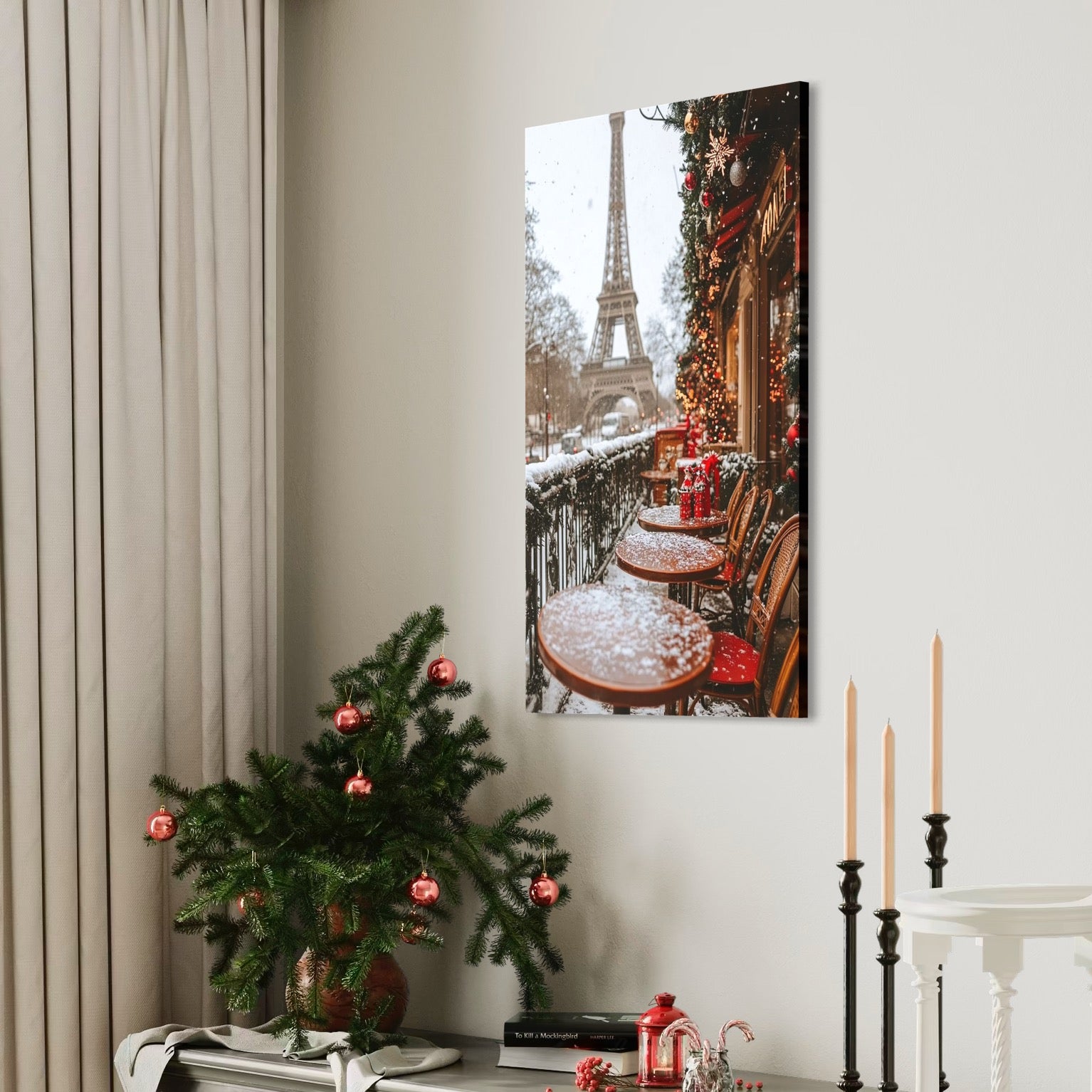 Tablou Canvas Premium, LuxCanva® D1125, Iarna pe Malurile Senei, Zapada, Paris, Romantic, Iarna, Vacanta, Cafenea, Chic, Turn, Eiffel, Ninsoare, Magie, Feerie, Vis, Living, Dormitor