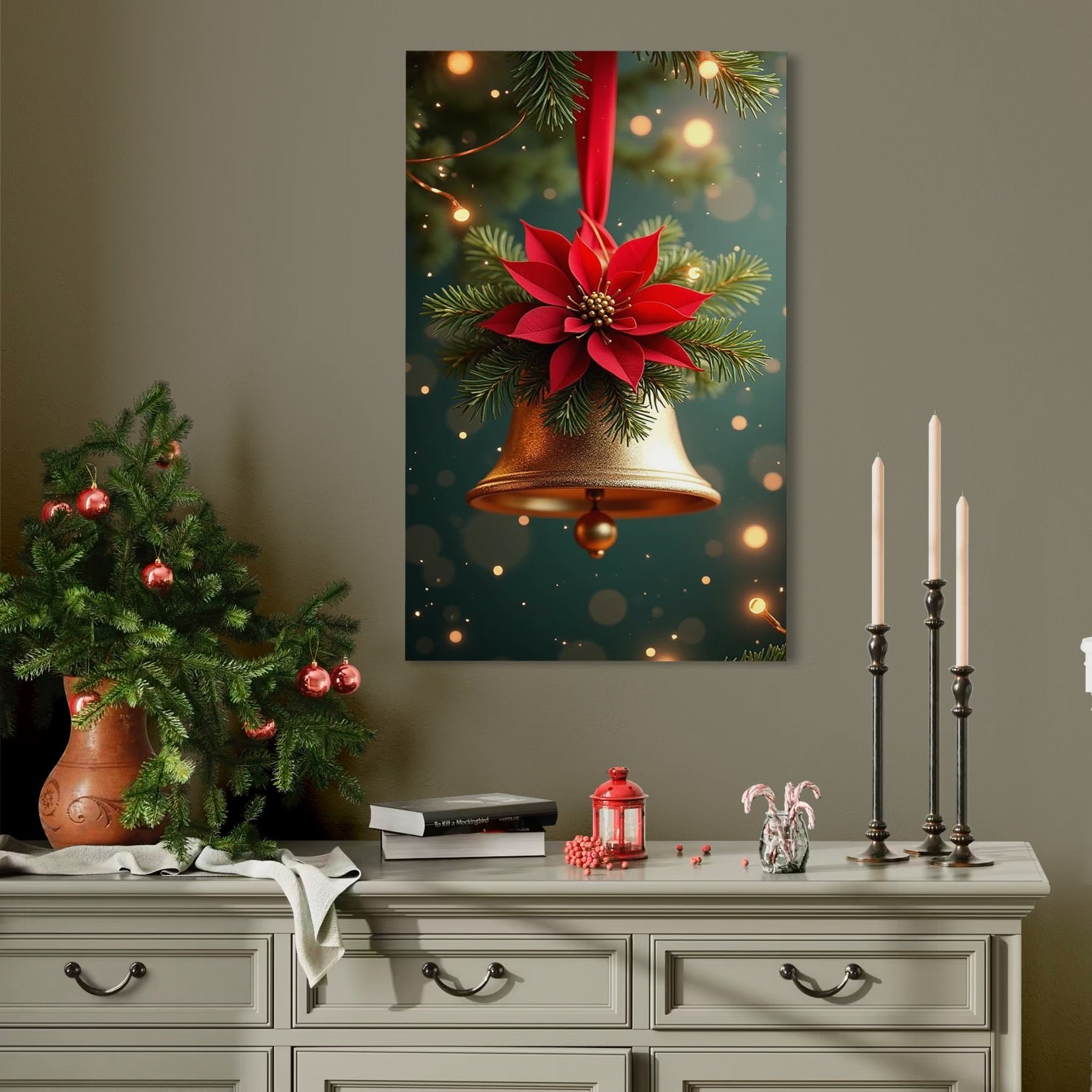 Leinwand Wandkunst Leinwand Wandkunst Premium, LuxCanva® D1126, The Sound of the Holidays, Glocken, Gold, Symphonie, Urlaub, Dekoration, Weihnachtsstern, Rot, Zweige, Tanne, Symbol, Harmonie, Wohnen, Schlafzimmer