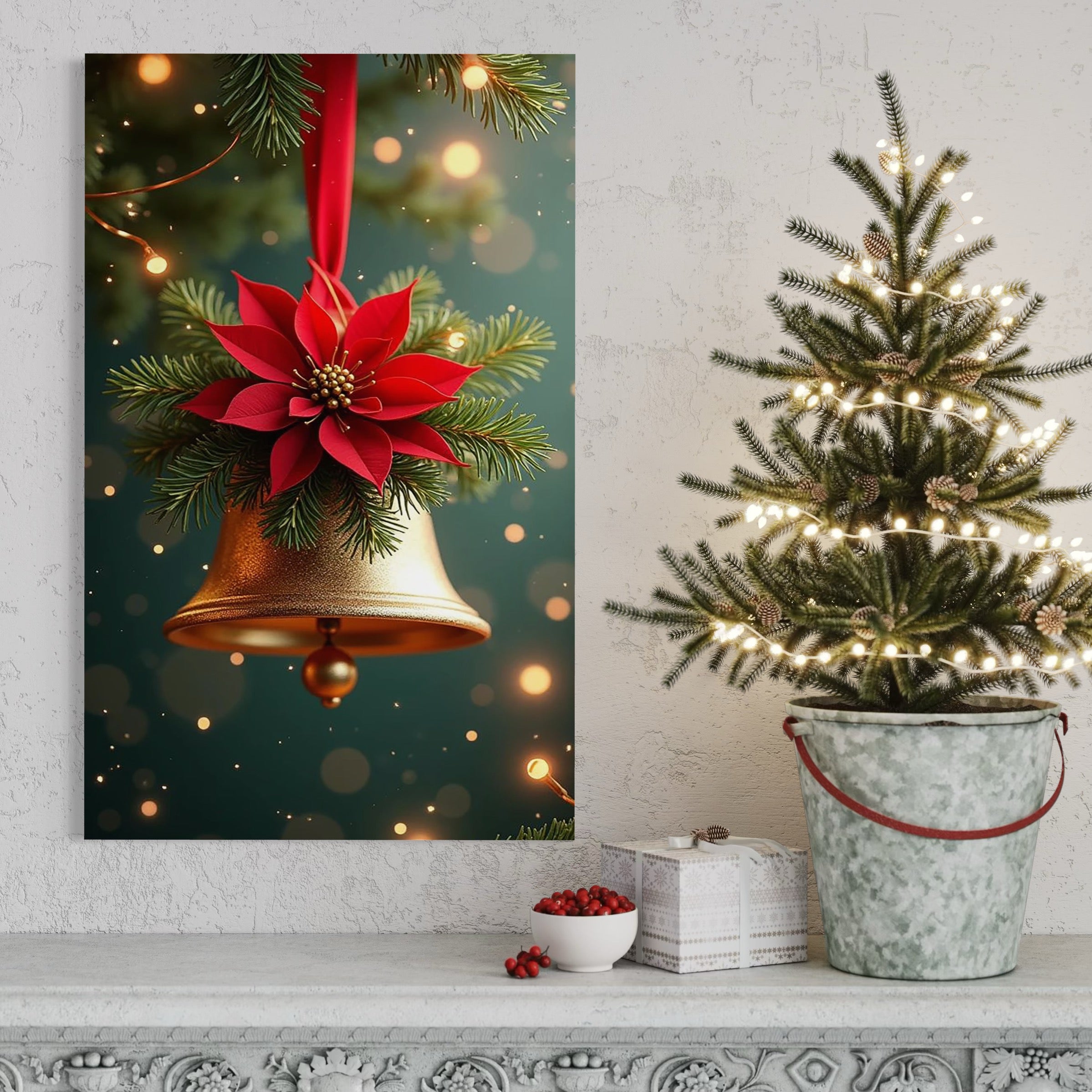 Leinwand Wandkunst Leinwand Wandkunst Premium, LuxCanva® D1126, The Sound of the Holidays, Glocken, Gold, Symphonie, Urlaub, Dekoration, Weihnachtsstern, Rot, Zweige, Tanne, Symbol, Harmonie, Wohnen, Schlafzimmer