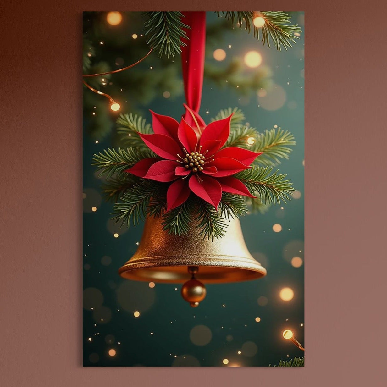 LuxCanva® Tablou Canvas Premium, Sunetul Sarbatorilor (D1126), redă un clopoțel auriu decorat cu poinsettia roșie și ramuri de brad, luminat feeric-simbol al sărbătorilor, ideal pentru living sau dormitor.