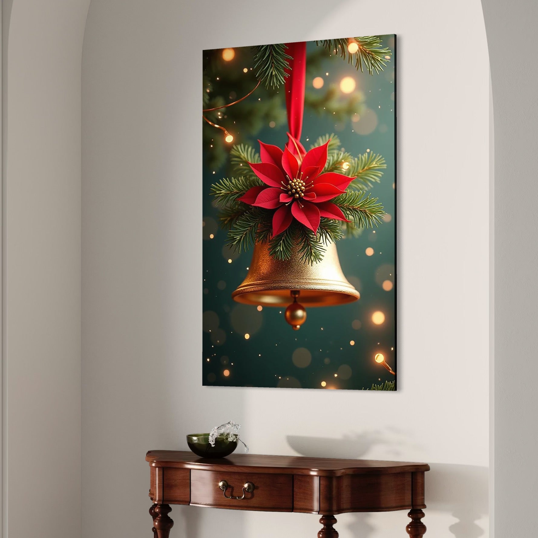 Leinwand Wandkunst Leinwand Wandkunst Premium, LuxCanva® D1126, The Sound of the Holidays, Glocken, Gold, Symphonie, Urlaub, Dekoration, Weihnachtsstern, Rot, Zweige, Tanne, Symbol, Harmonie, Wohnen, Schlafzimmer