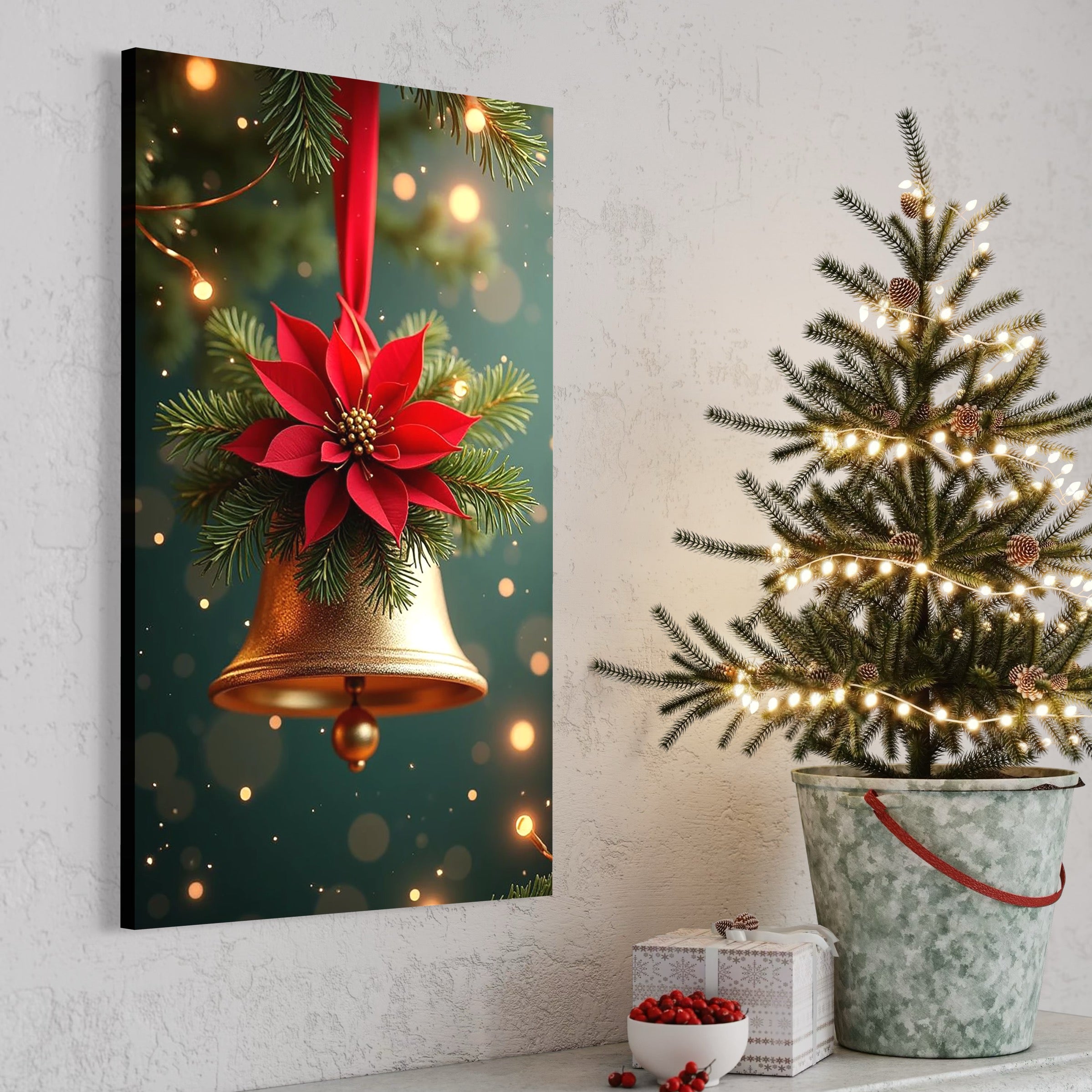 Leinwand Wandkunst Leinwand Wandkunst Premium, LuxCanva® D1126, The Sound of the Holidays, Glocken, Gold, Symphonie, Urlaub, Dekoration, Weihnachtsstern, Rot, Zweige, Tanne, Symbol, Harmonie, Wohnen, Schlafzimmer