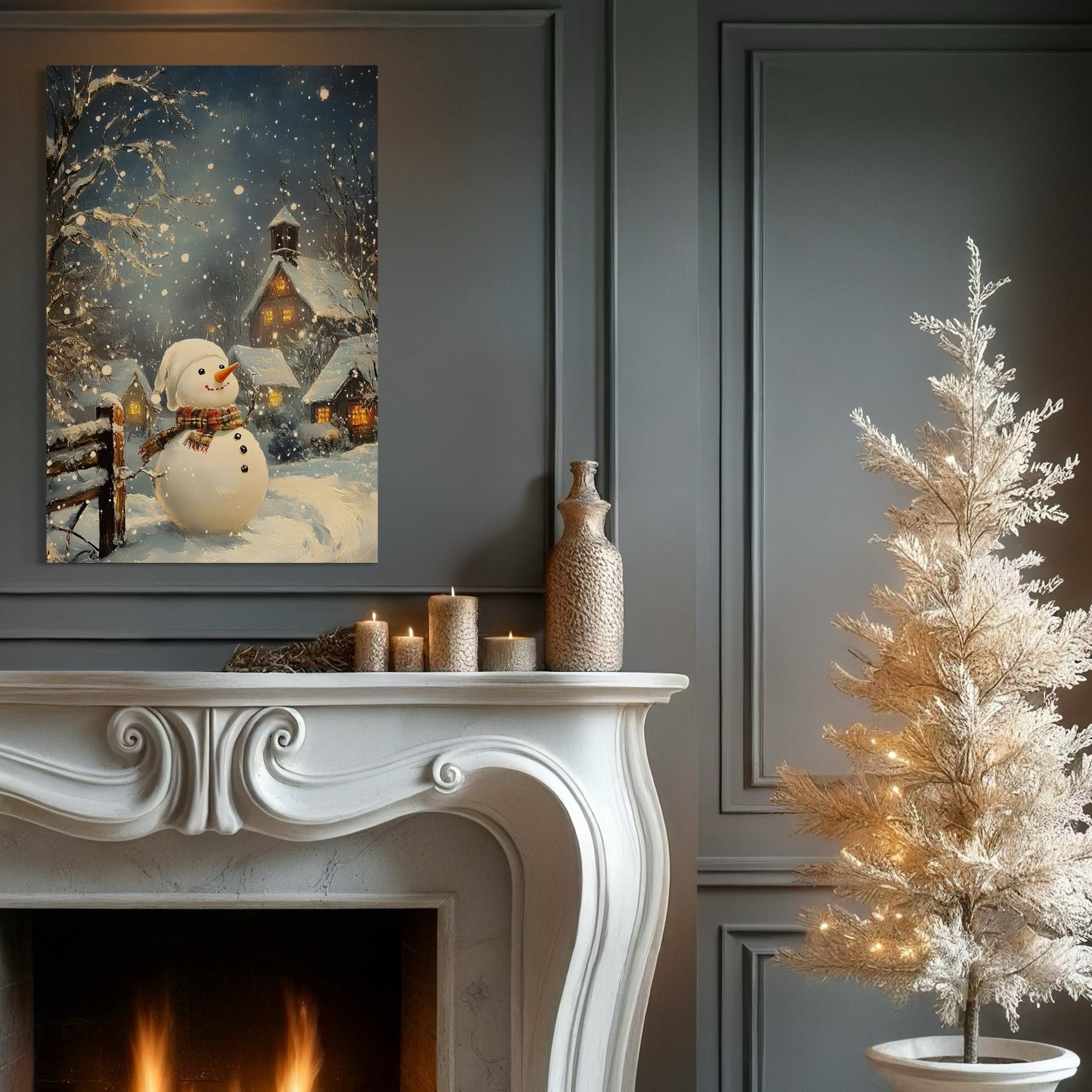 Tablou Canvas Premium, LuxCanva® D1128, Oaspetele Alb al Serii, Om, Zapada, Vesel, Magie, Sat, Inzapezit, Casa, Luminata, Frig, Hibernal, Copilarie, Fulgi, Nea, Omat, Living, Dormitor