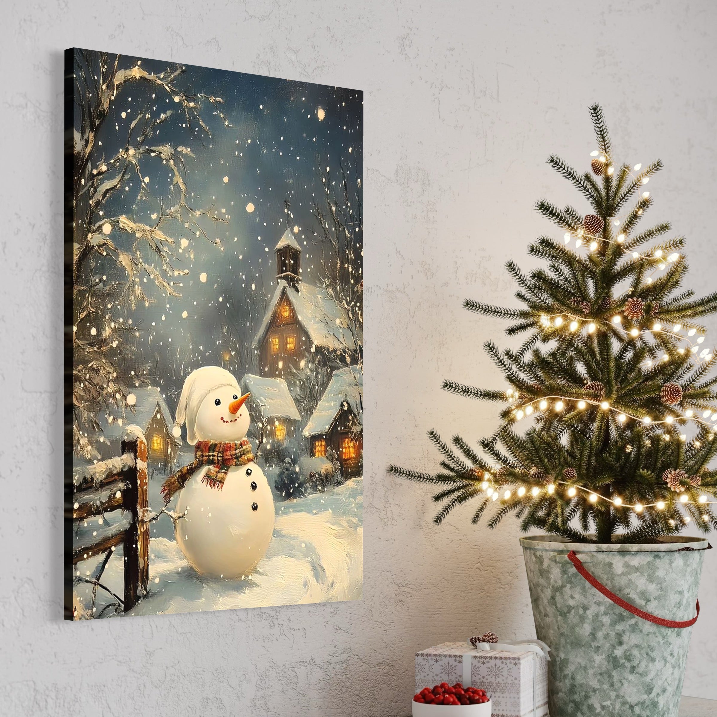 Tablou Canvas Premium, LuxCanva® D1128, Oaspetele Alb al Serii, Om, Zapada, Vesel, Magie, Sat, Inzapezit, Casa, Luminata, Frig, Hibernal, Copilarie, Fulgi, Nea, Omat, Living, Dormitor