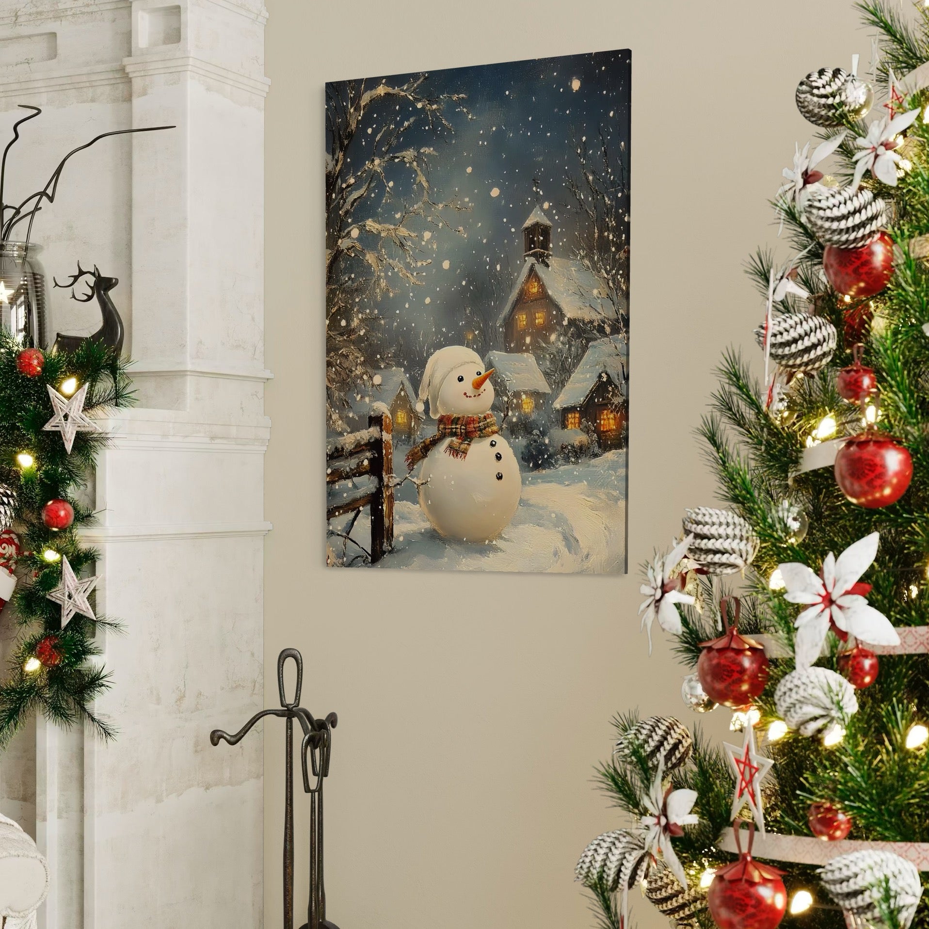 Tablou Canvas Premium, LuxCanva® D1128, Oaspetele Alb al Serii, Om, Zapada, Vesel, Magie, Sat, Inzapezit, Casa, Luminata, Frig, Hibernal, Copilarie, Fulgi, Nea, Omat, Living, Dormitor