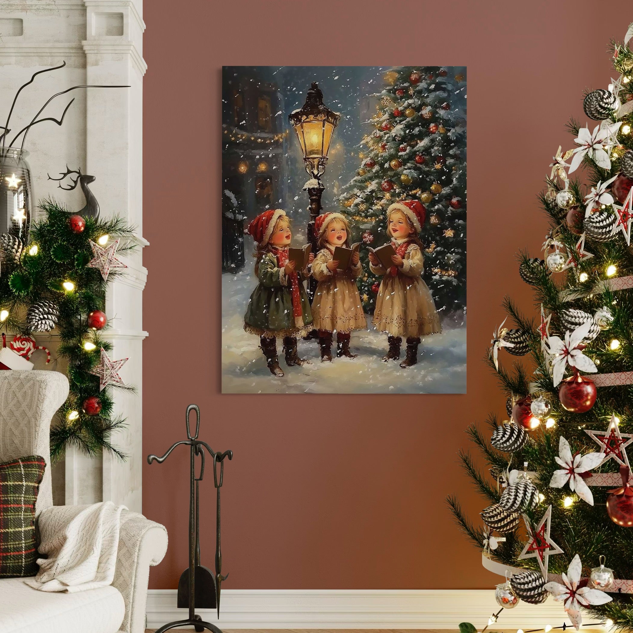 Tablou Canvas Premium, LuxCanva® D1129, Colindatori in Noaptea Sfanta, Colind, Iarna, Magie, Cantare, Fetite, Copilarie, Felinar, Brad, Zambete, Traditie, Emotie, Living, Dormitor