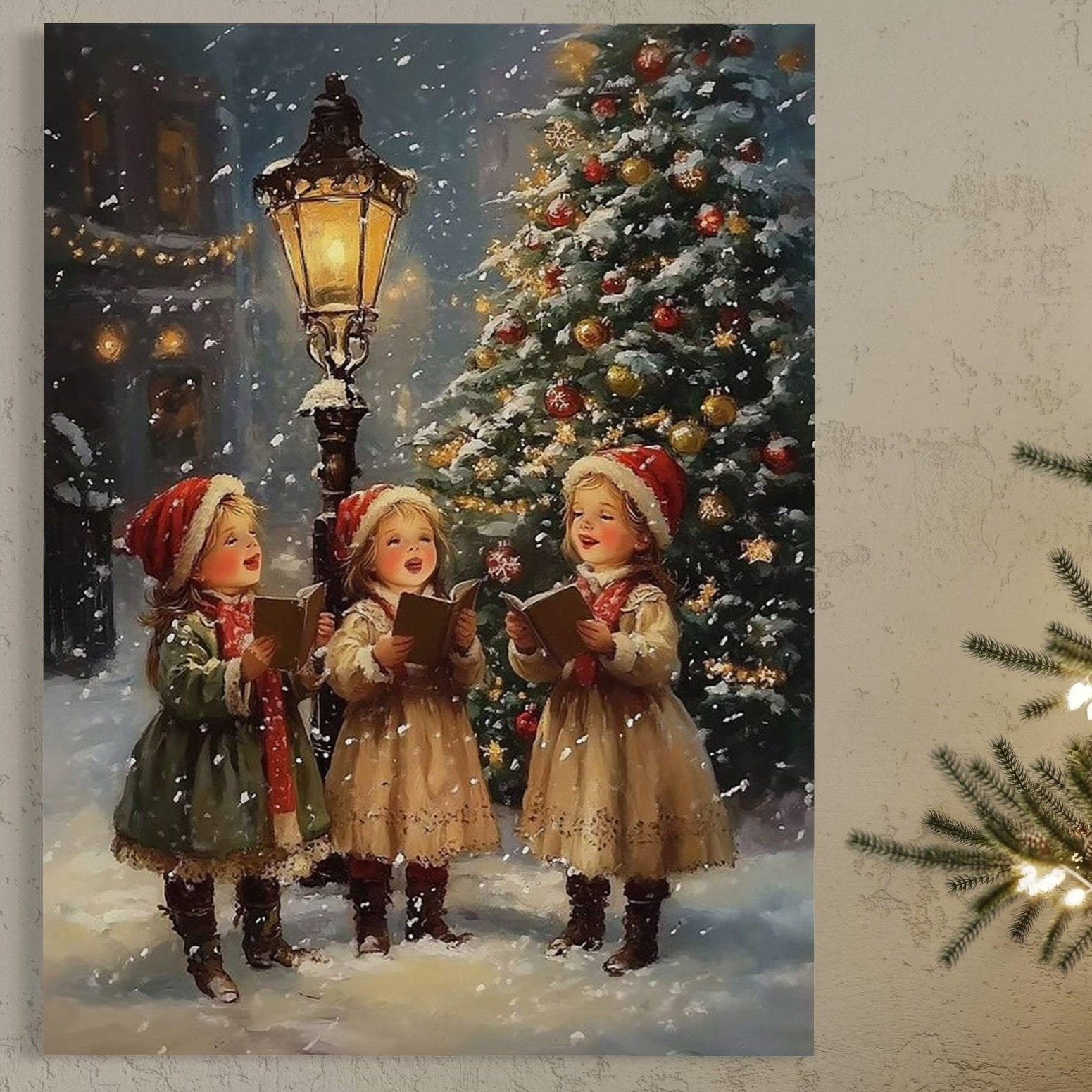 Tablou Canvas Premium, LuxCanva® D1129, Colindatori in Noaptea Sfanta, Colind, Iarna, Magie, Cantare, Fetite, Copilarie, Felinar, Brad, Zambete, Traditie, Emotie, Living, Dormitor