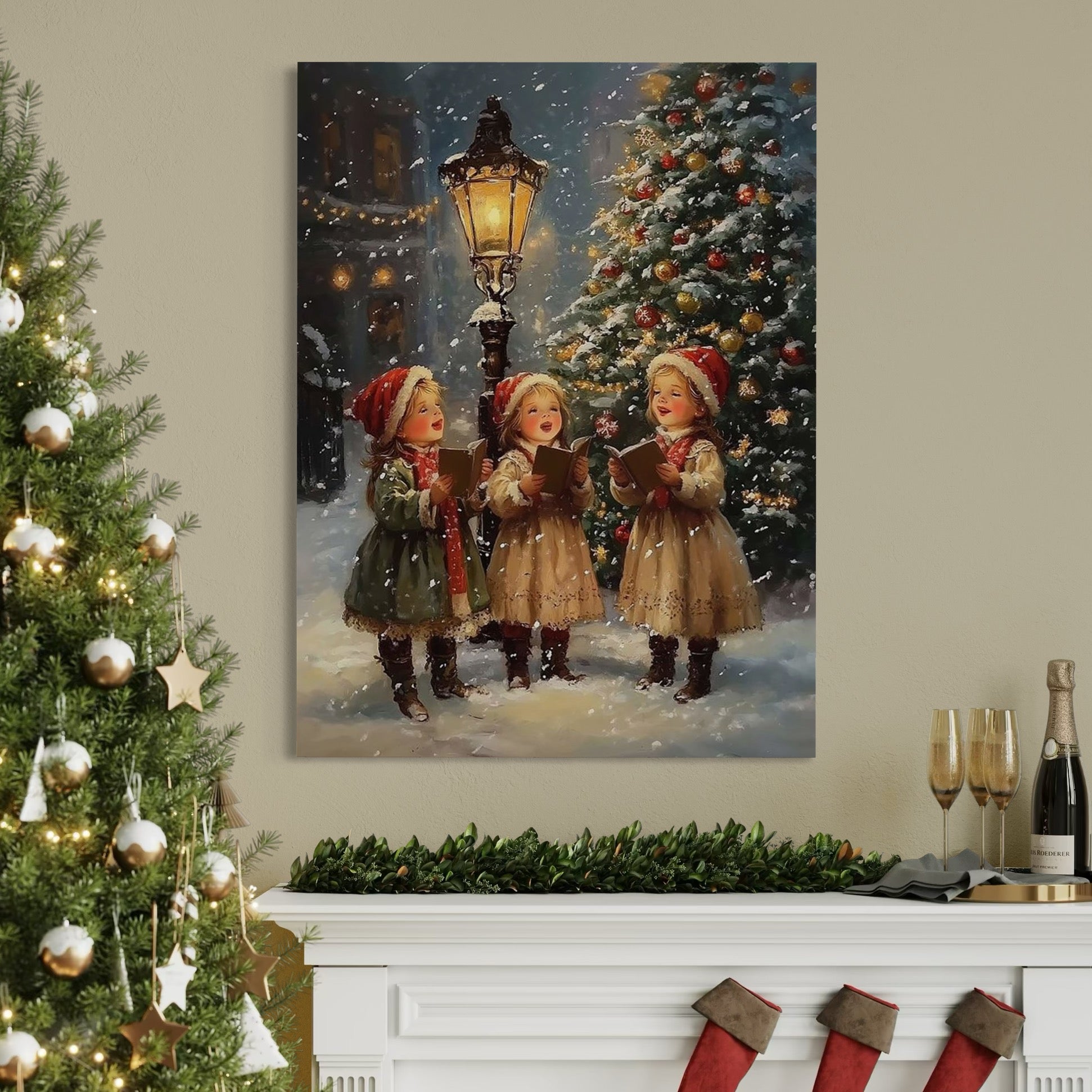 Tablou Canvas Premium, LuxCanva® D1129, Colindatori in Noaptea Sfanta, Colind, Iarna, Magie, Cantare, Fetite, Copilarie, Felinar, Brad, Zambete, Traditie, Emotie, Living, Dormitor