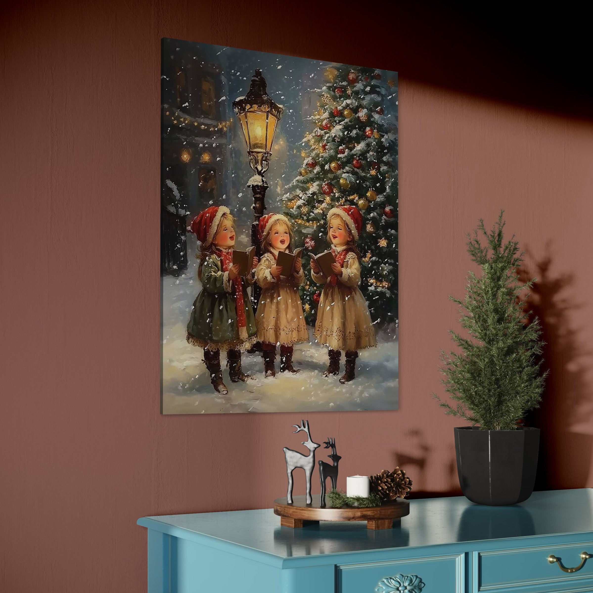 Tablou Canvas Premium, LuxCanva® D1129, Colindatori in Noaptea Sfanta, Colind, Iarna, Magie, Cantare, Fetite, Copilarie, Felinar, Brad, Zambete, Traditie, Emotie, Living, Dormitor