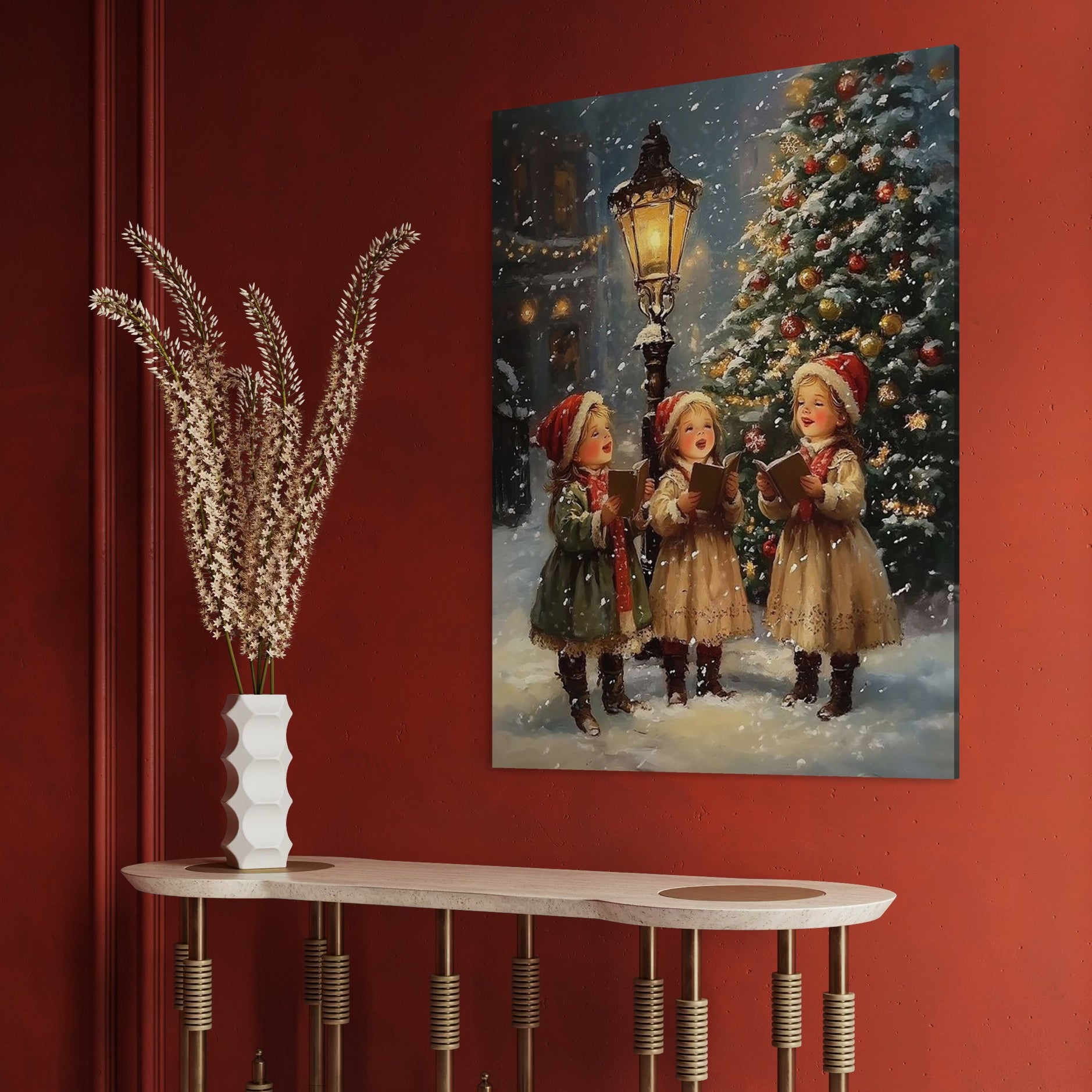 Tablou Canvas Premium, LuxCanva® D1129, Colindatori in Noaptea Sfanta, Colind, Iarna, Magie, Cantare, Fetite, Copilarie, Felinar, Brad, Zambete, Traditie, Emotie, Living, Dormitor