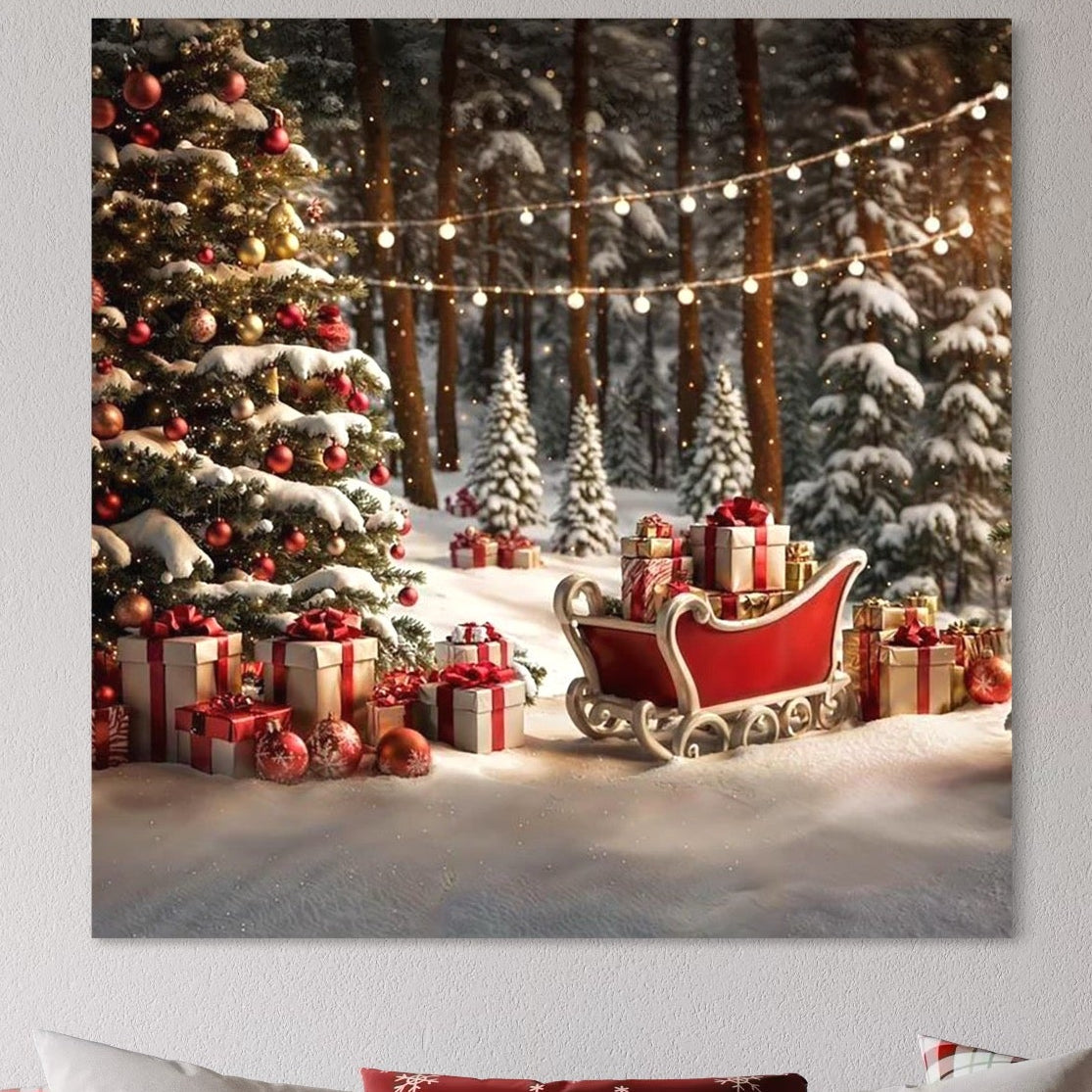 Tablou Canvas Premium, LuxCanva® D1130, Sania Fermecata a Craciunului, Sanie, Desaga, Cadouri, Noapte, Ajun, Reni, Zbor, Casuta, Padure, Poveste, Iarna, Living, Dormitor